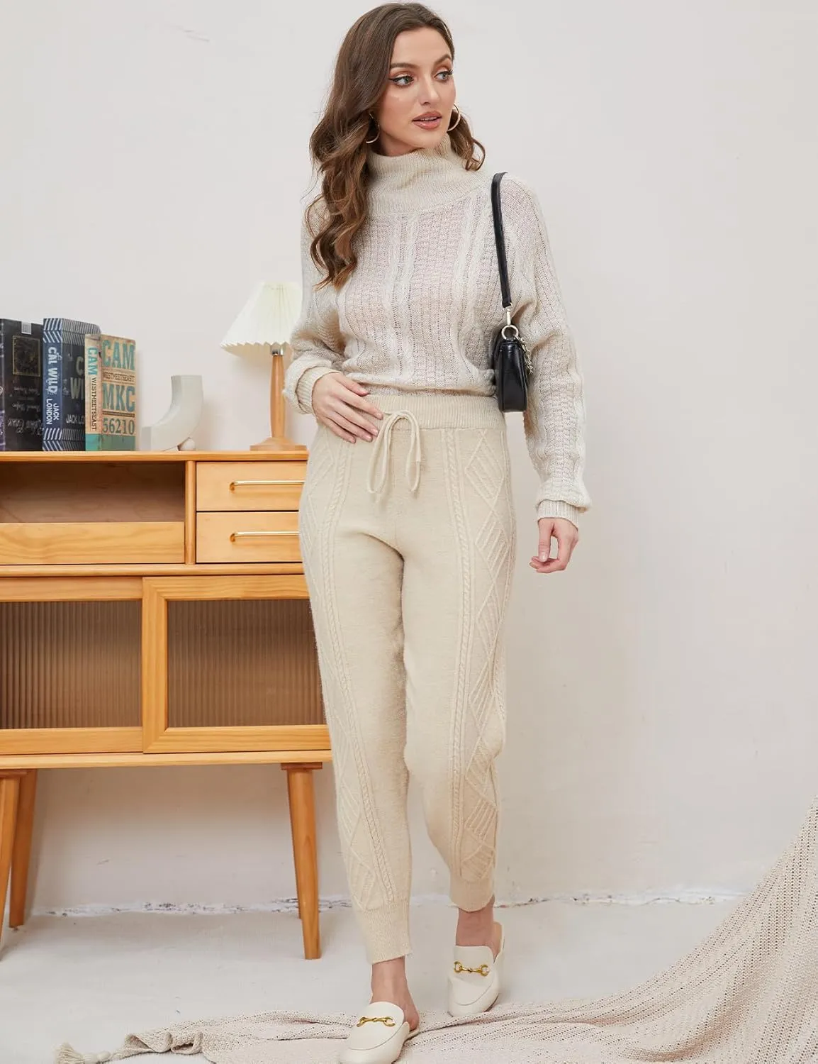 Gihuo Women's Cable Knit Sweater Pants - Long Harem Joggers with Elastic Waist