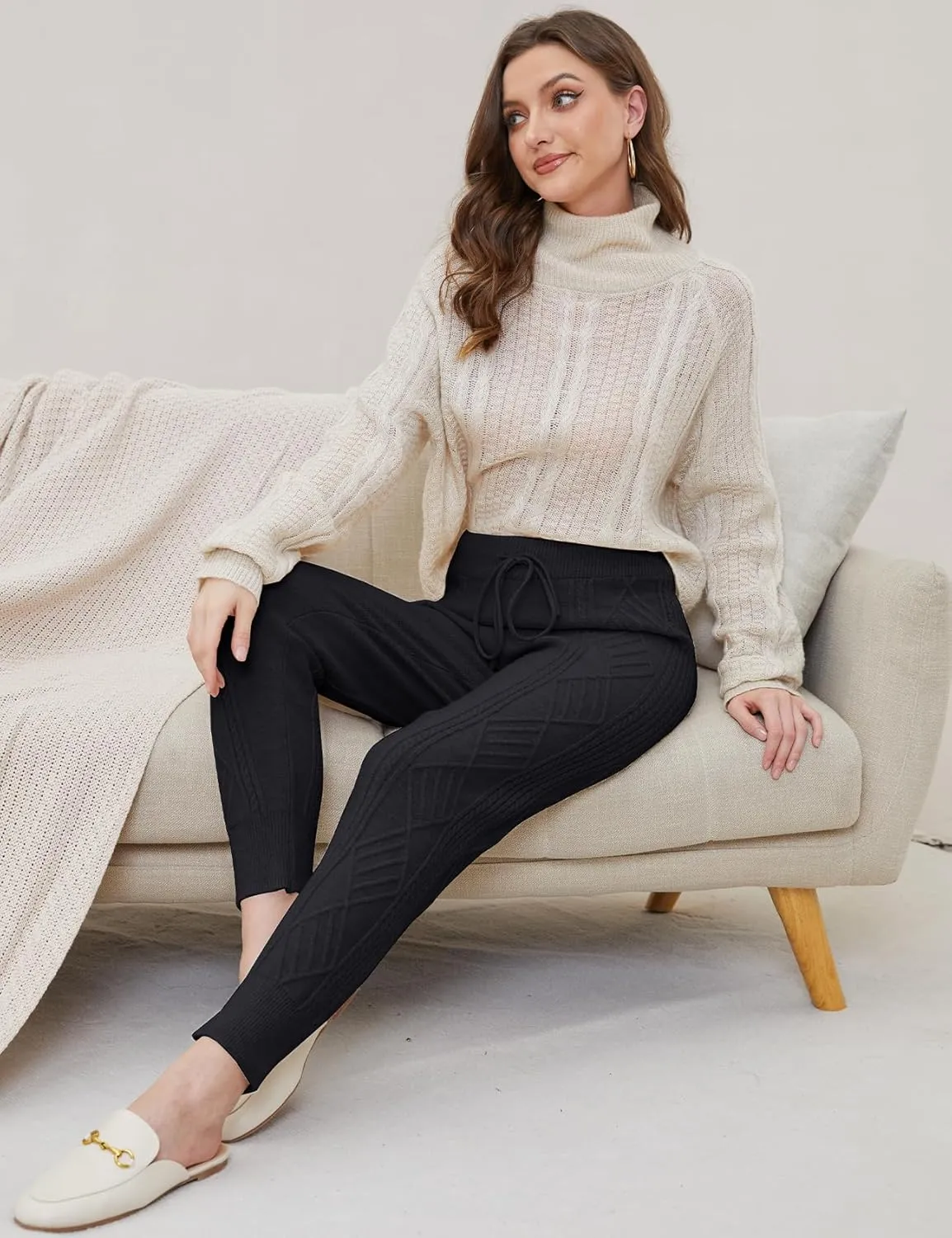 Gihuo Women's Cable Knit Sweater Pants - Long Harem Joggers with Elastic Waist