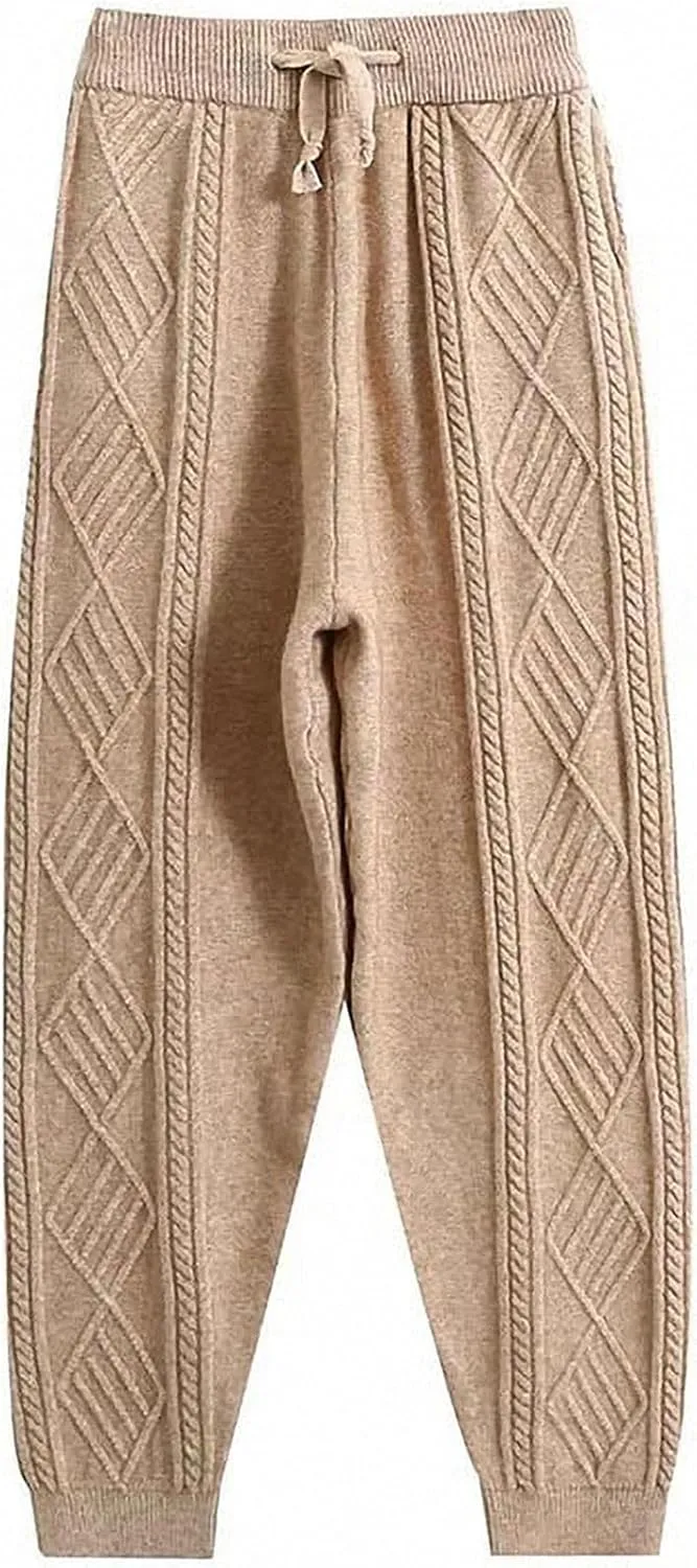 Gihuo Women's Cable Knit Sweater Pants - Long Harem Joggers with Elastic Waist