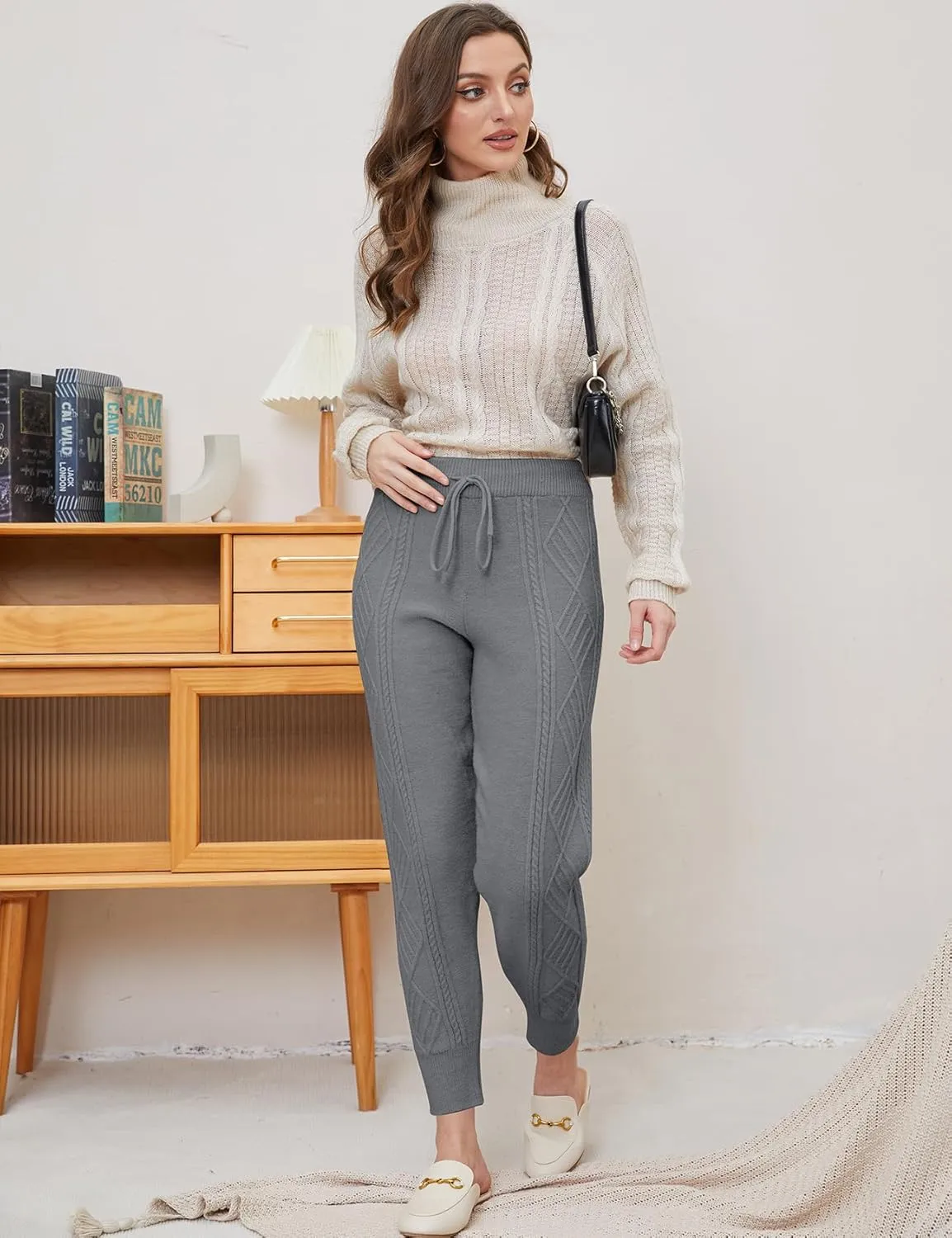 Gihuo Women's Cable Knit Sweater Pants - Long Harem Joggers with Elastic Waist