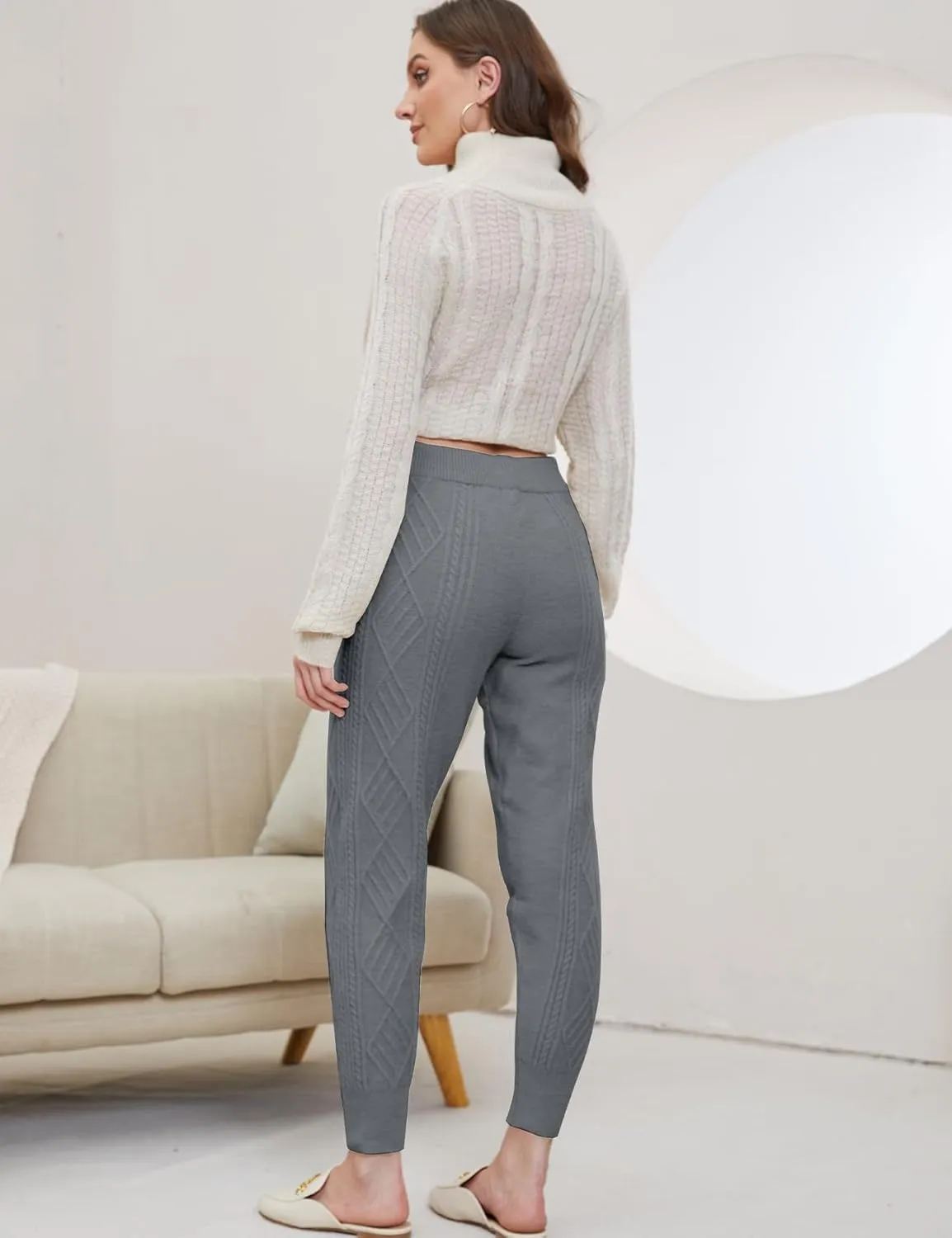 Gihuo Women's Cable Knit Sweater Pants - Long Harem Joggers with Elastic Waist