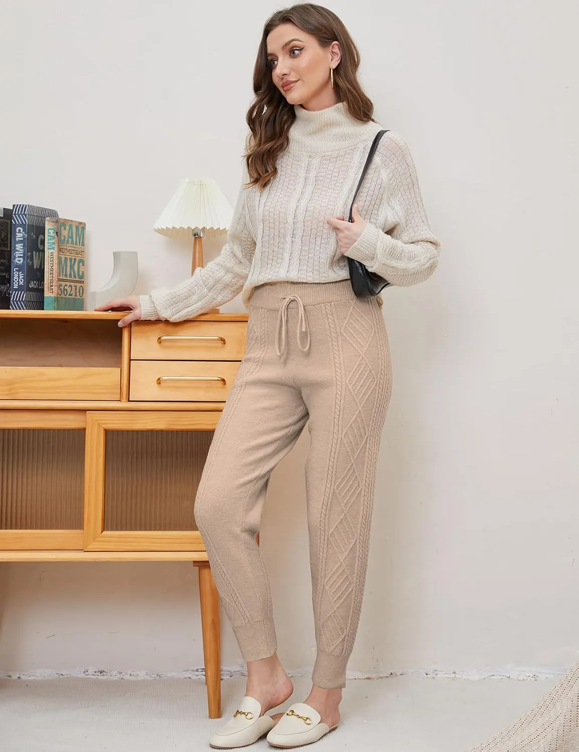 Gihuo Women's Cable Knit Sweater Pants - Long Harem Joggers with Elastic Waist