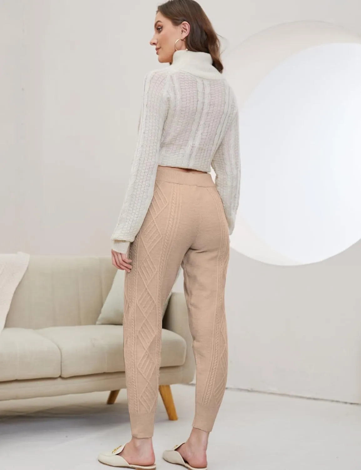 Gihuo Women's Cable Knit Sweater Pants - Long Harem Joggers with Elastic Waist