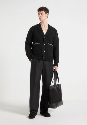 Mild Weather Classic Shape Gilbert - Whipstitch Combed Cotton Cardigan - Black