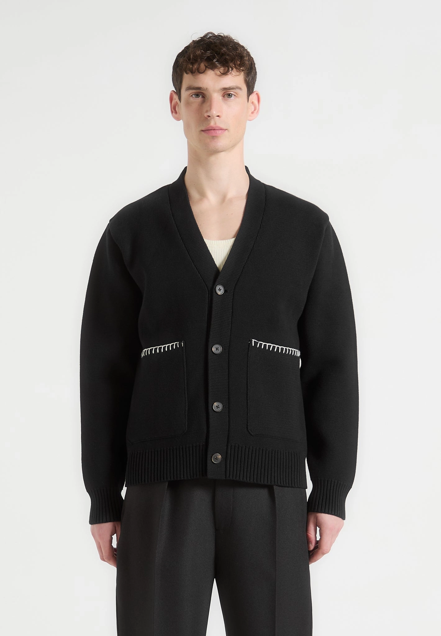 Flatlock stitching Ribbed Collar Design Gilbert - Whipstitch Combed Cotton Cardigan - Black