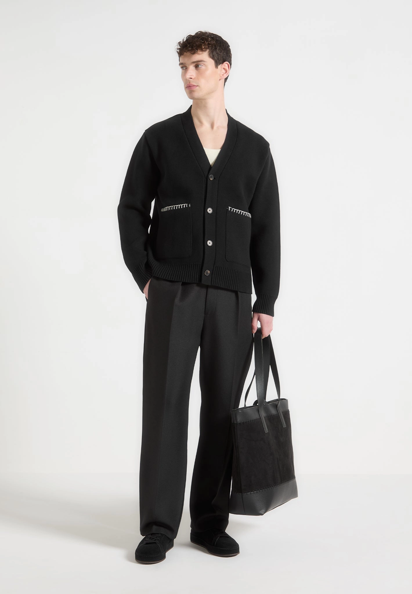 Mild Weather Classic Shape Gilbert - Whipstitch Combed Cotton Cardigan - Black