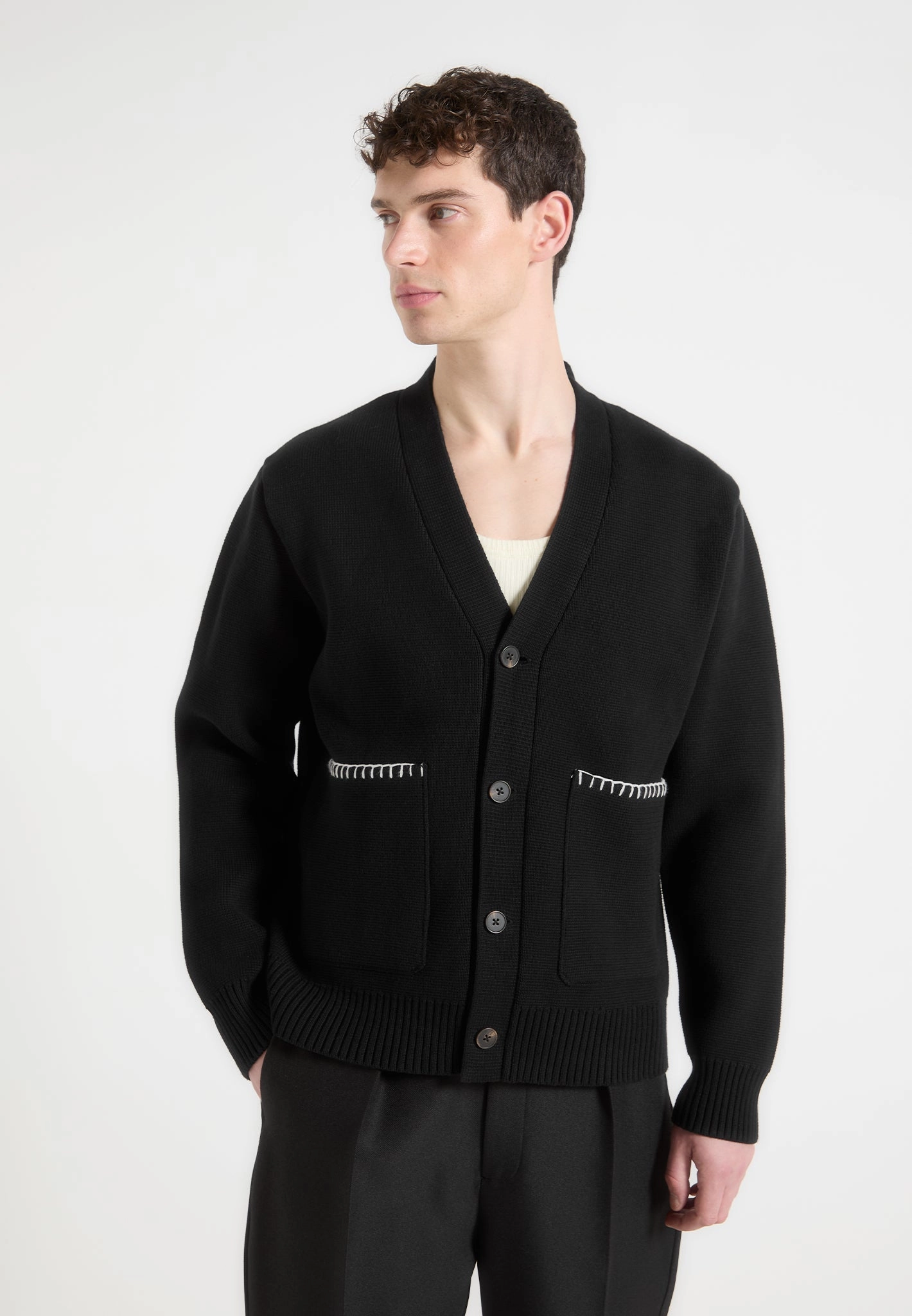 Anti Pilling Gilbert - Whipstitch Combed Cotton Cardigan - Black