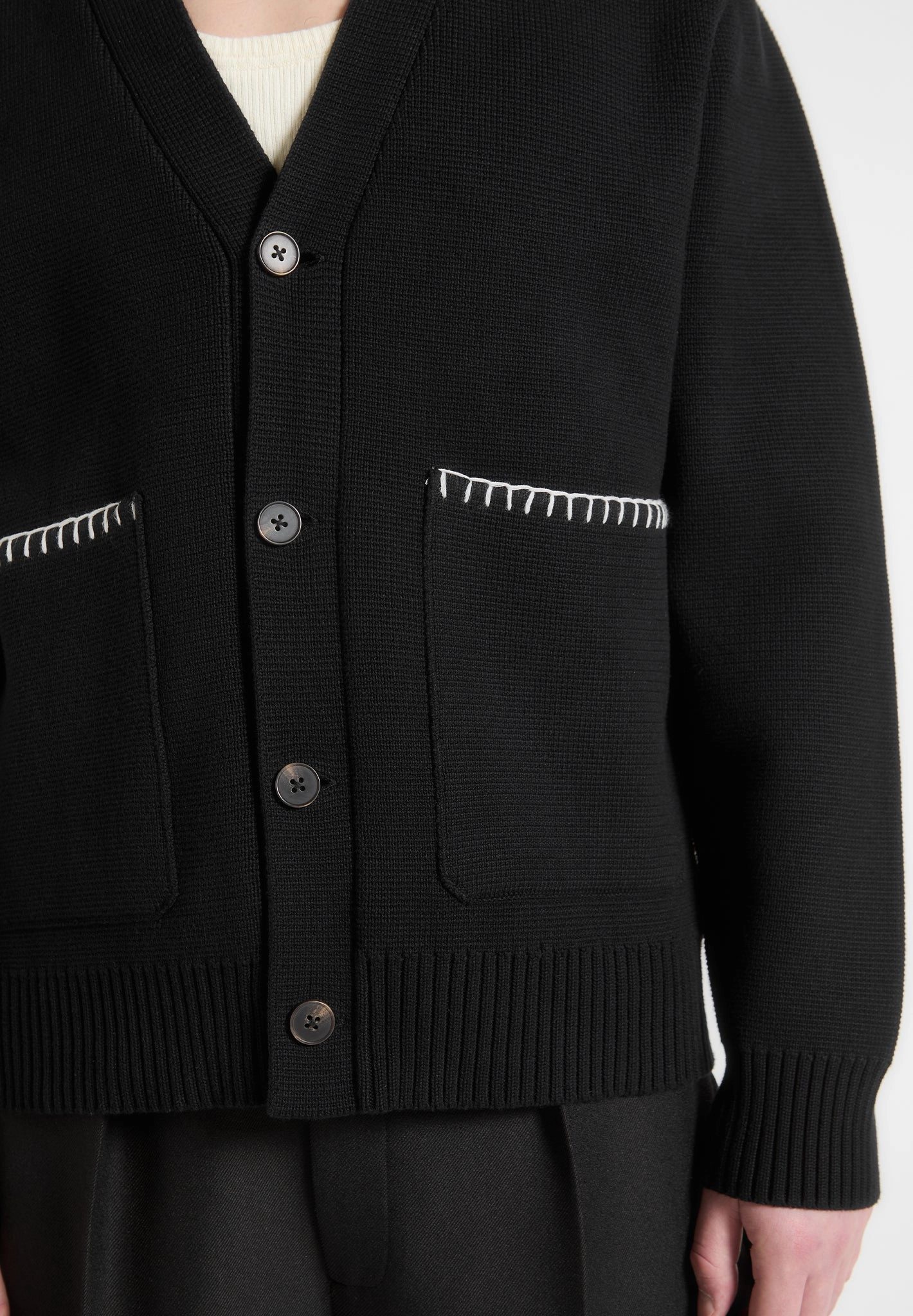 Gilbert - Whipstitch Combed Cotton Cardigan - Black Chic Look Hooded Neckline Option