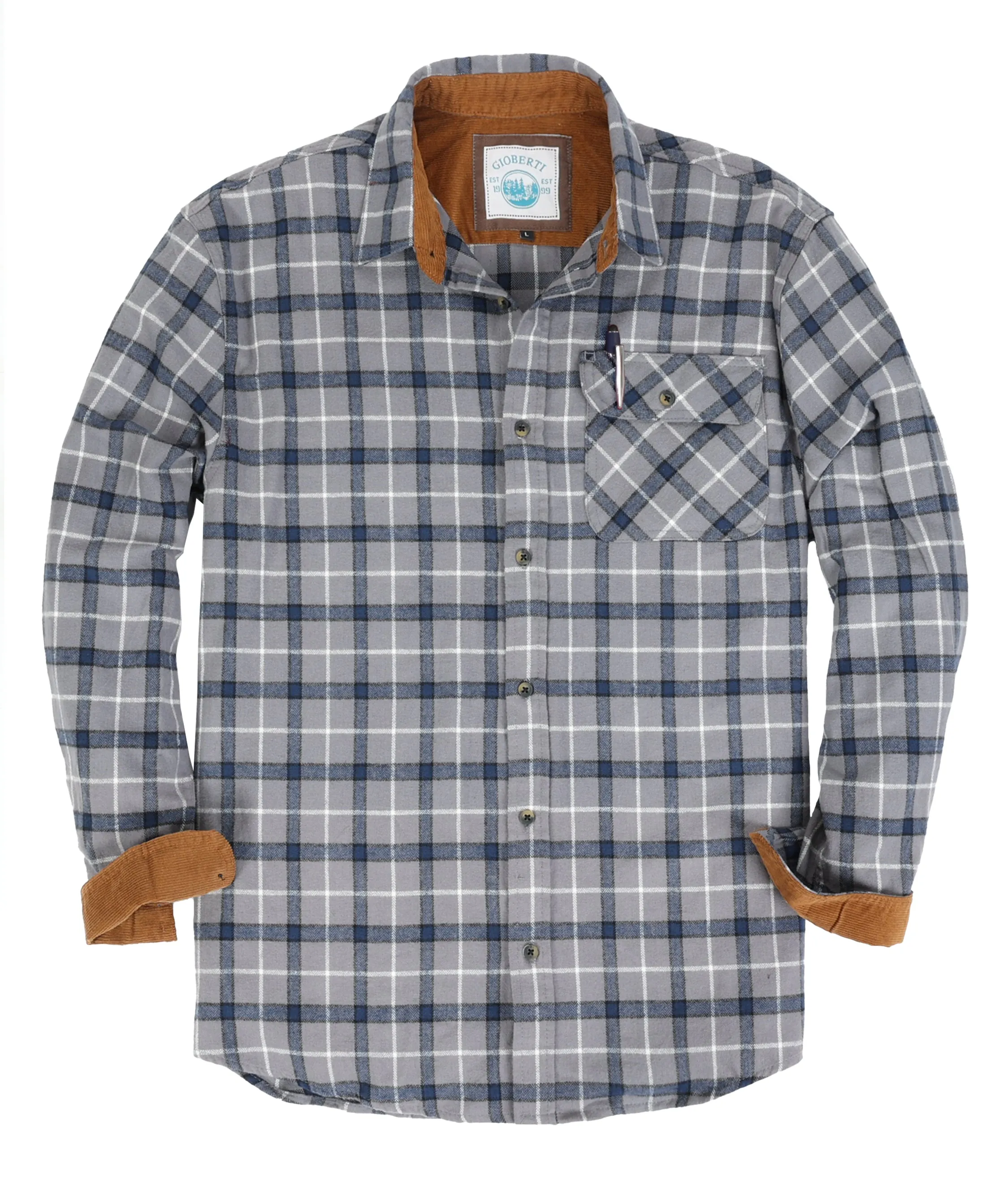Gioberti Men's Gray / Blue / White Highlight 100% Cotton Brushed Flannel Plaid Checkered Shirt with Corduroy Contrast