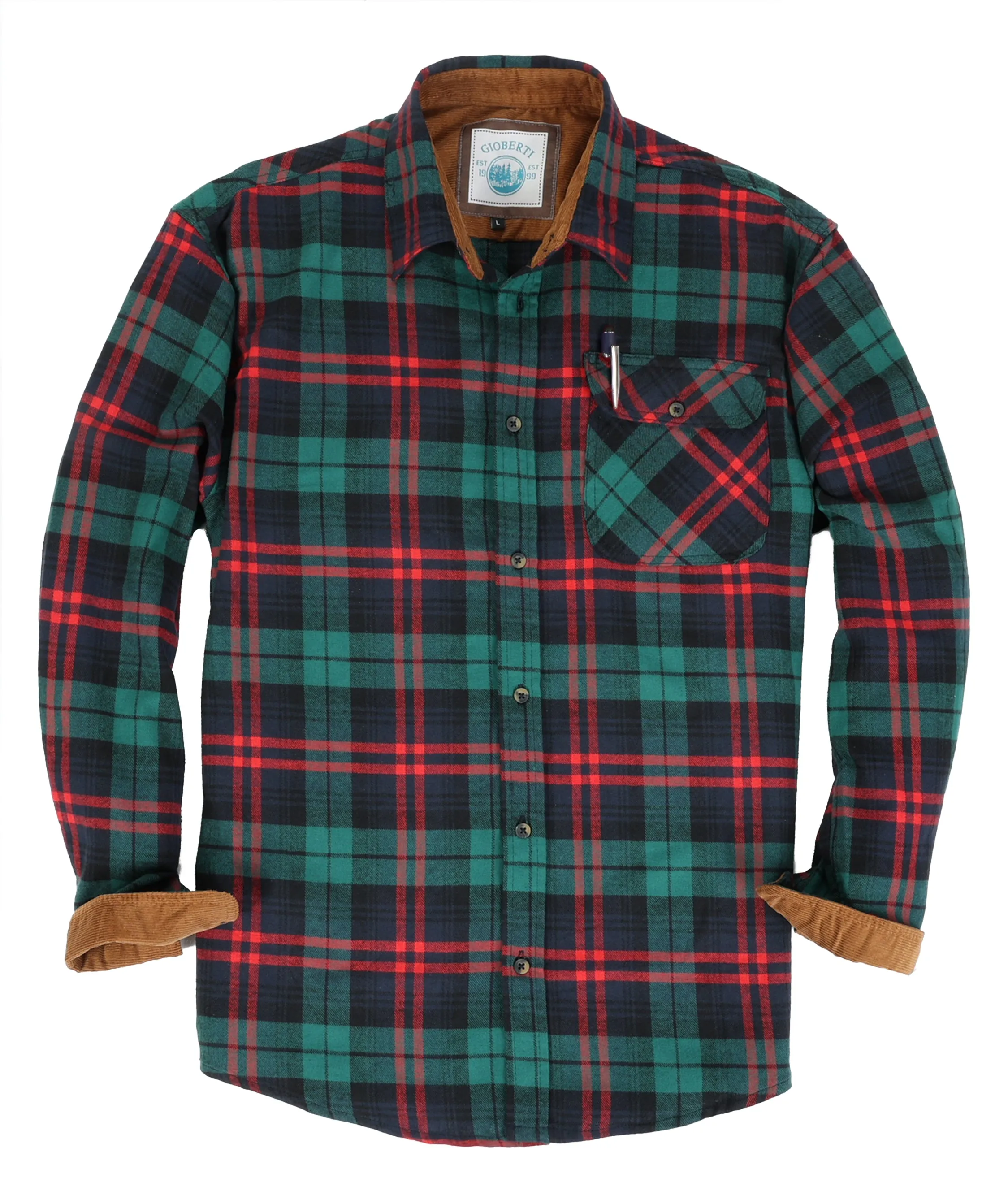 Gioberti Men's Green / Red 100% Cotton Brushed Flannel Plaid Checkered Shirt with Corduroy Contrast