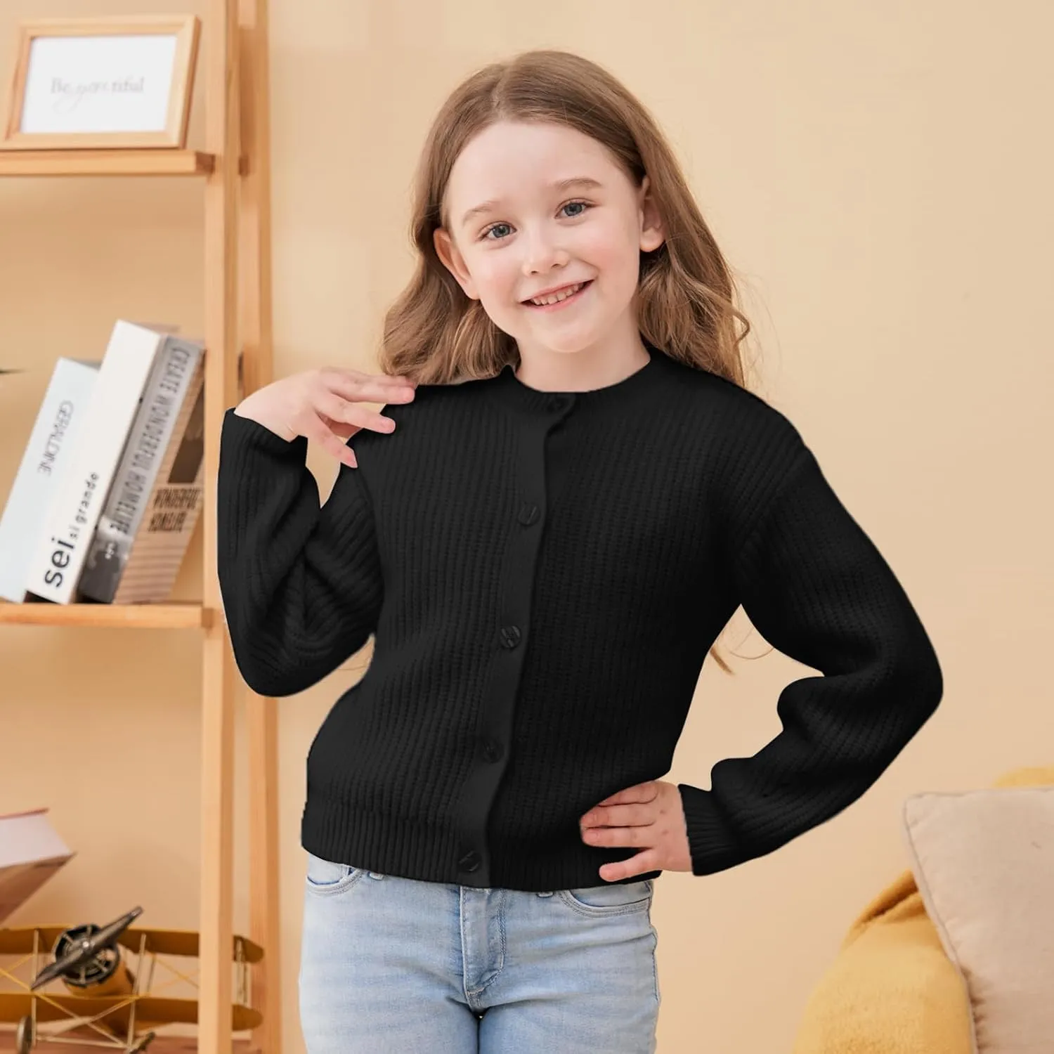 Girls' Cardigan with Button Loose Long Sleeve Shrug Sweaters Cropped Uniforms Kids Knit Sweater Outerwear