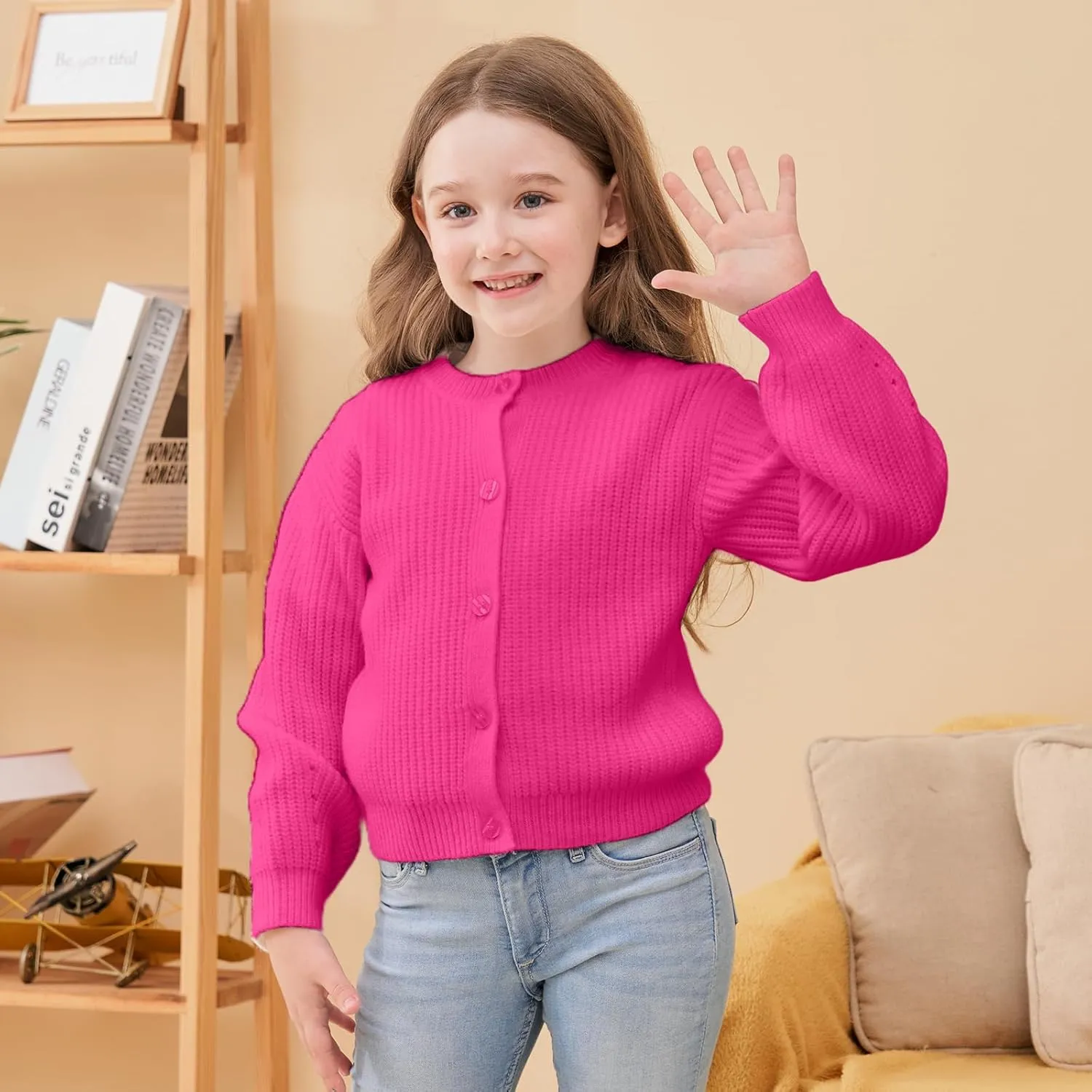 Girls' Cardigan with Button Loose Long Sleeve Shrug Sweaters Cropped Uniforms Kids Knit Sweater Outerwear