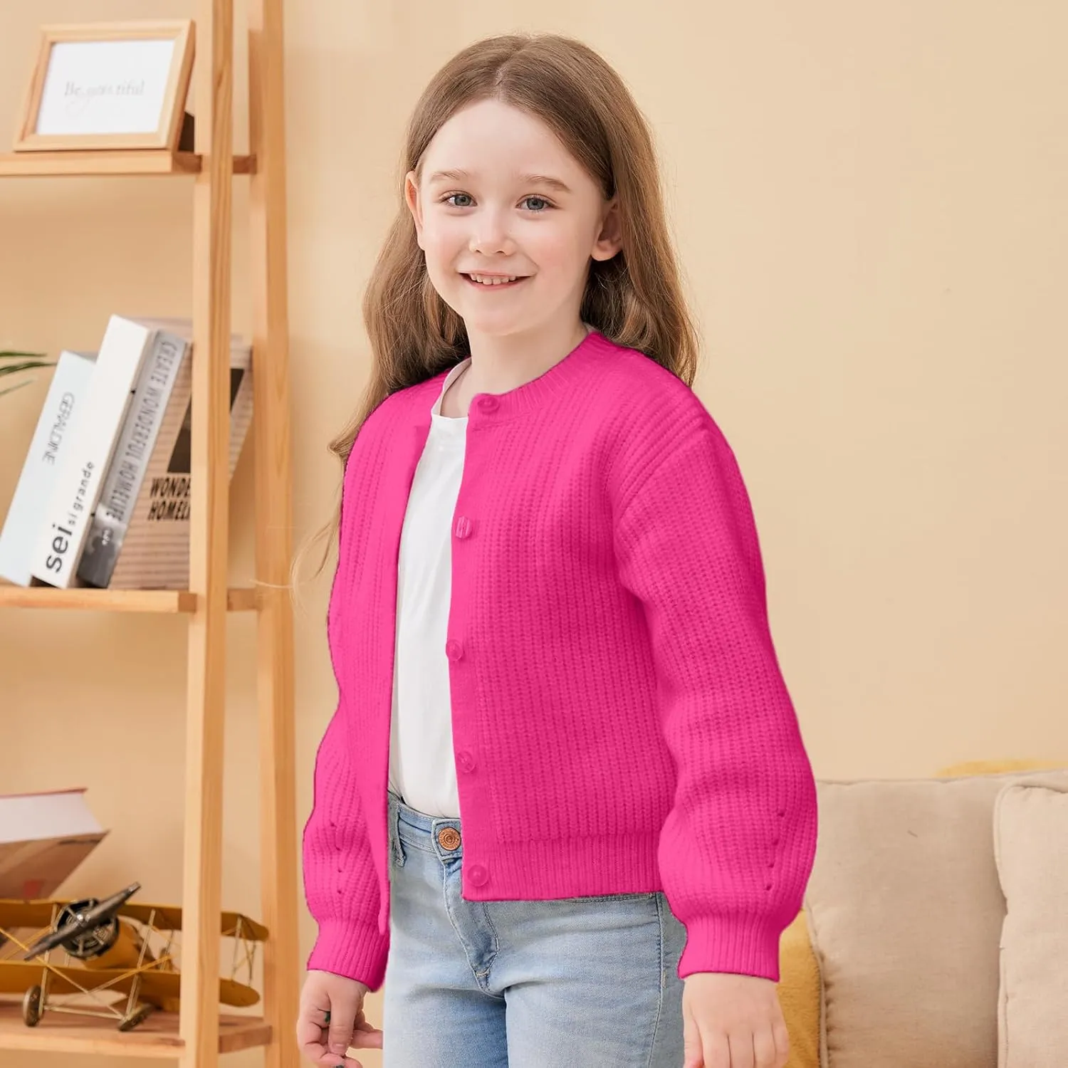 Girls' Cardigan with Button Loose Long Sleeve Shrug Sweaters Cropped Uniforms Kids Knit Sweater Outerwear