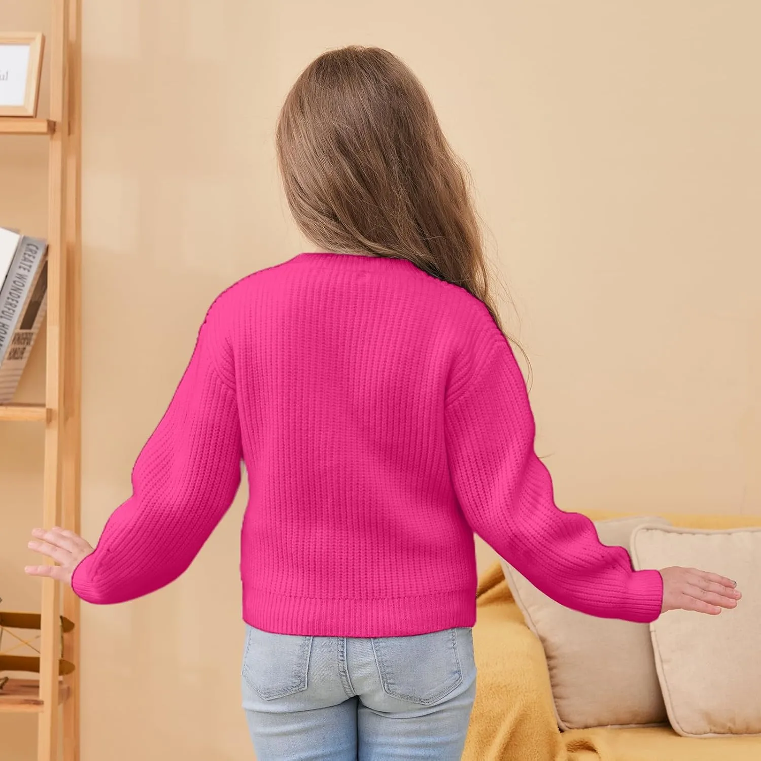 Girls' Cardigan with Button Loose Long Sleeve Shrug Sweaters Cropped Uniforms Kids Knit Sweater Outerwear