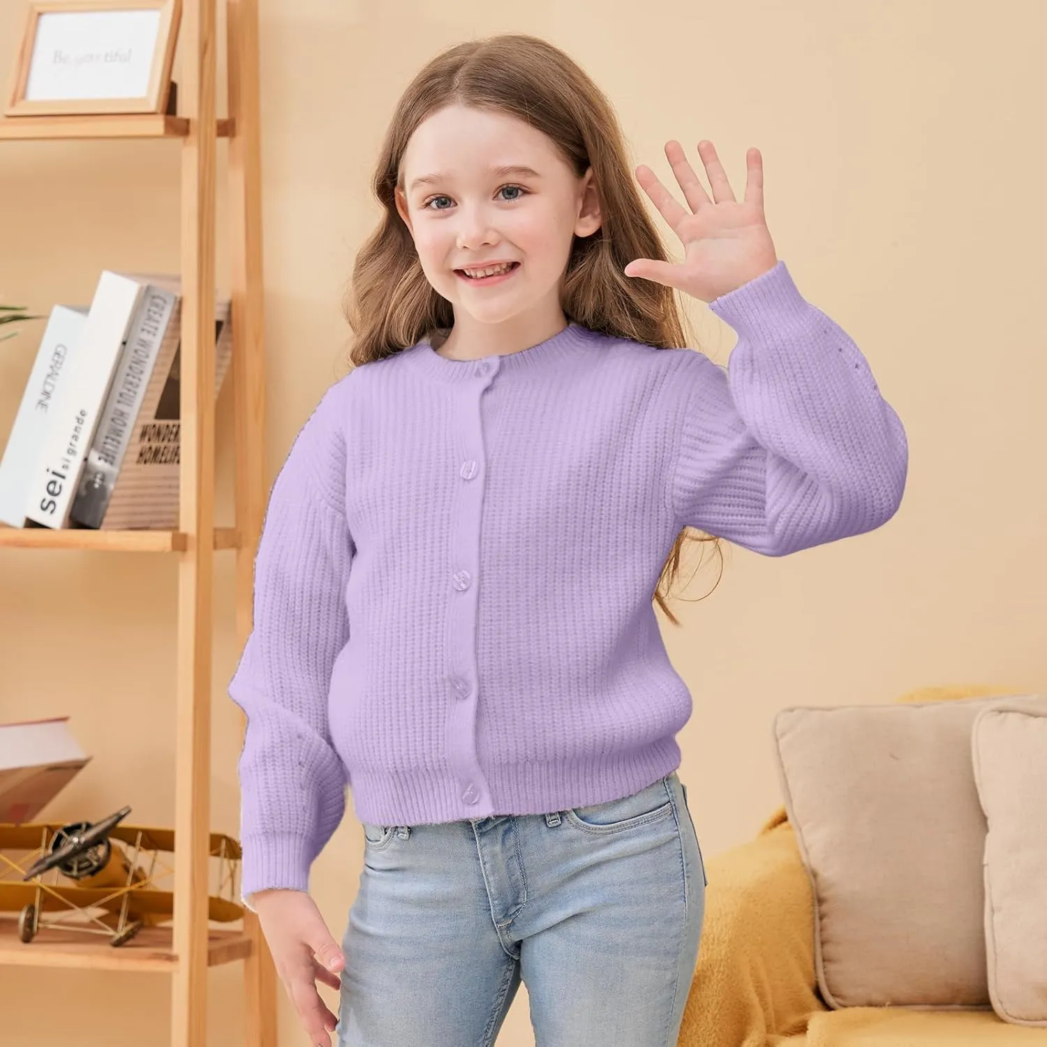 Girls' Cardigan with Button Loose Long Sleeve Shrug Sweaters Cropped Uniforms Kids Knit Sweater Outerwear