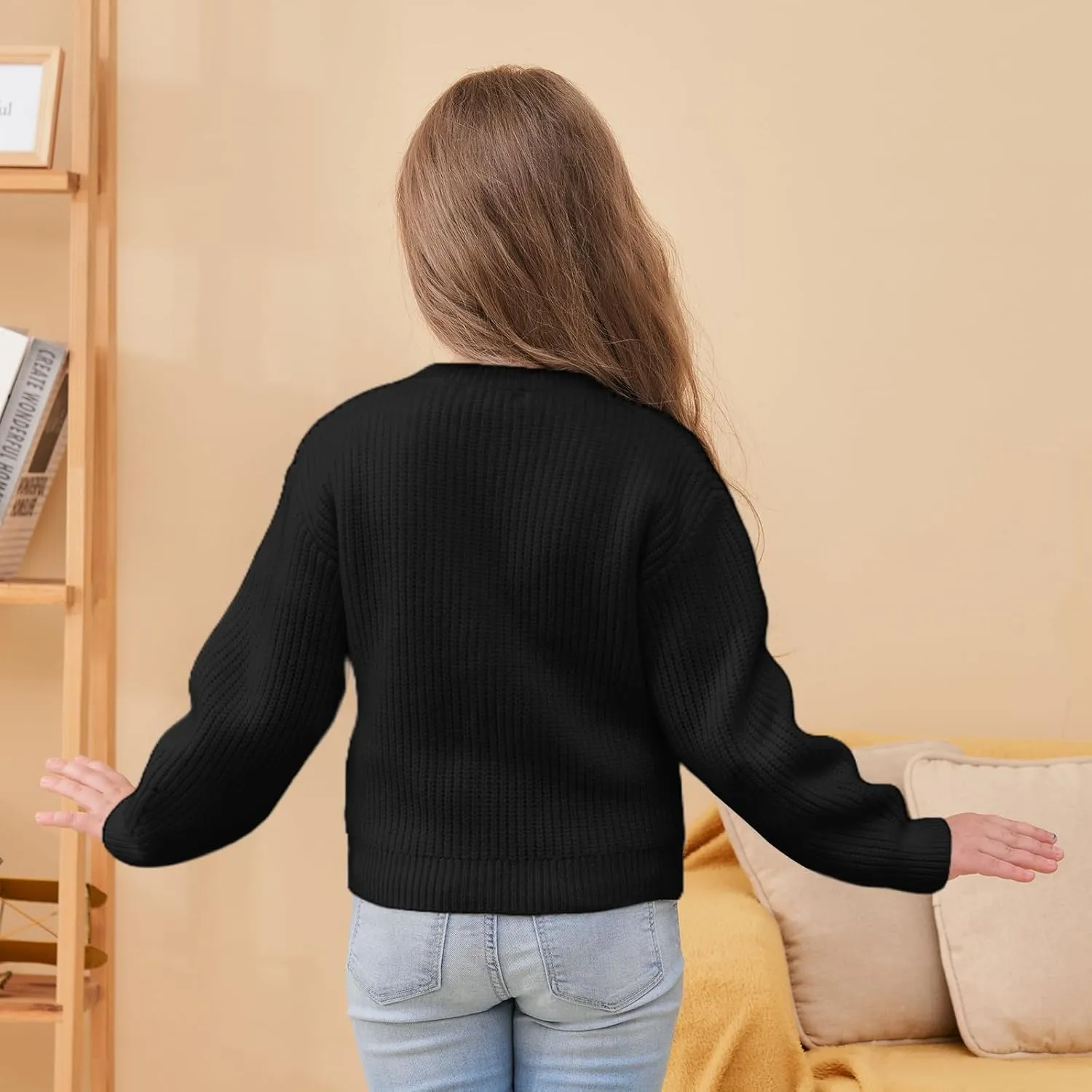 Girls' Cardigan with Button Loose Long Sleeve Shrug Sweaters Cropped Uniforms Kids Knit Sweater Outerwear