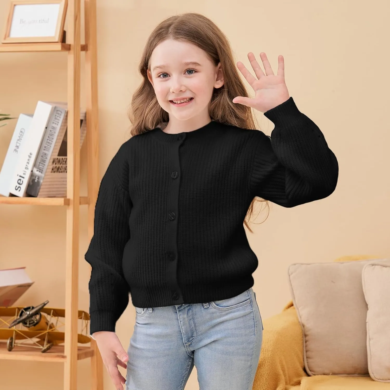 Girls' Cardigan with Button Loose Long Sleeve Shrug Sweaters Cropped Uniforms Kids Knit Sweater Outerwear