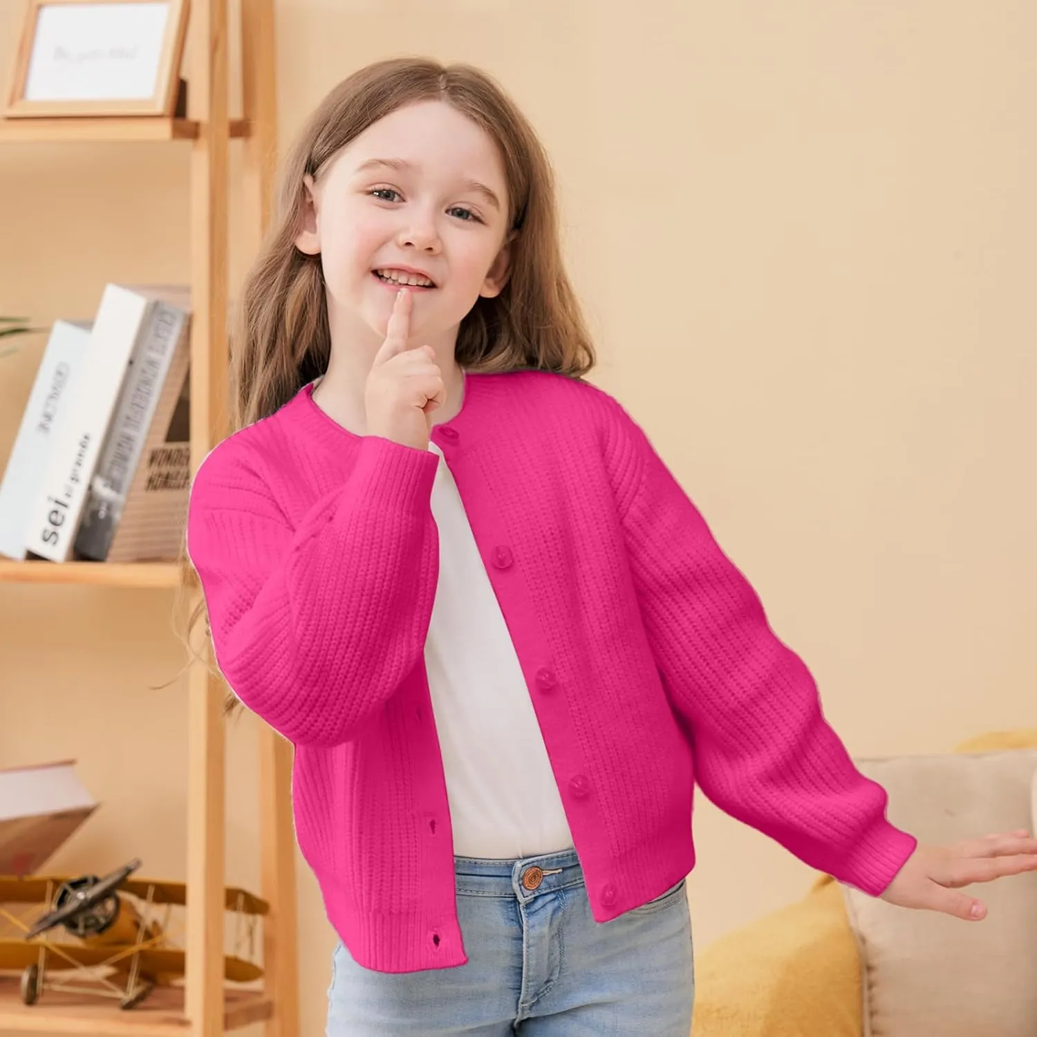 Girls' Cardigan with Button Loose Long Sleeve Shrug Sweaters Cropped Uniforms Kids Knit Sweater Outerwear