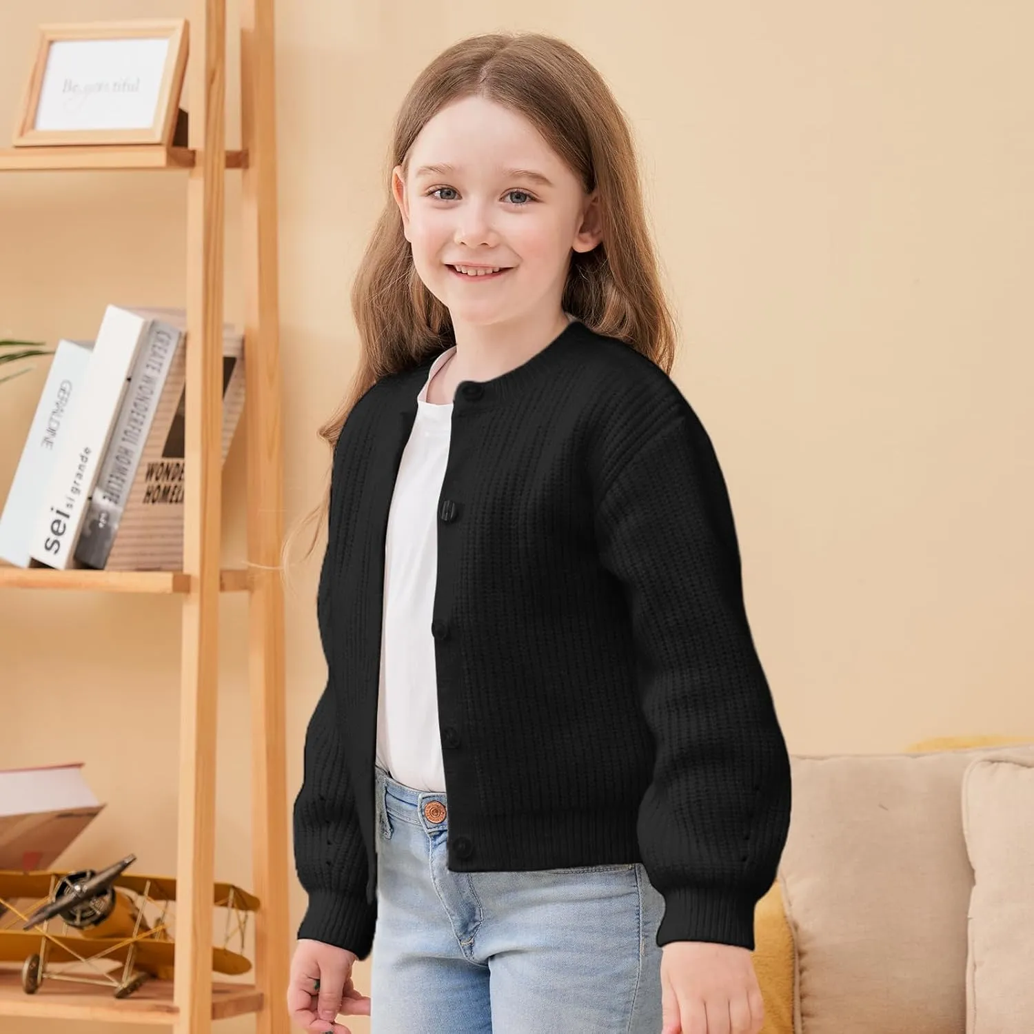 Girls' Cardigan with Button Loose Long Sleeve Shrug Sweaters Cropped Uniforms Kids Knit Sweater Outerwear