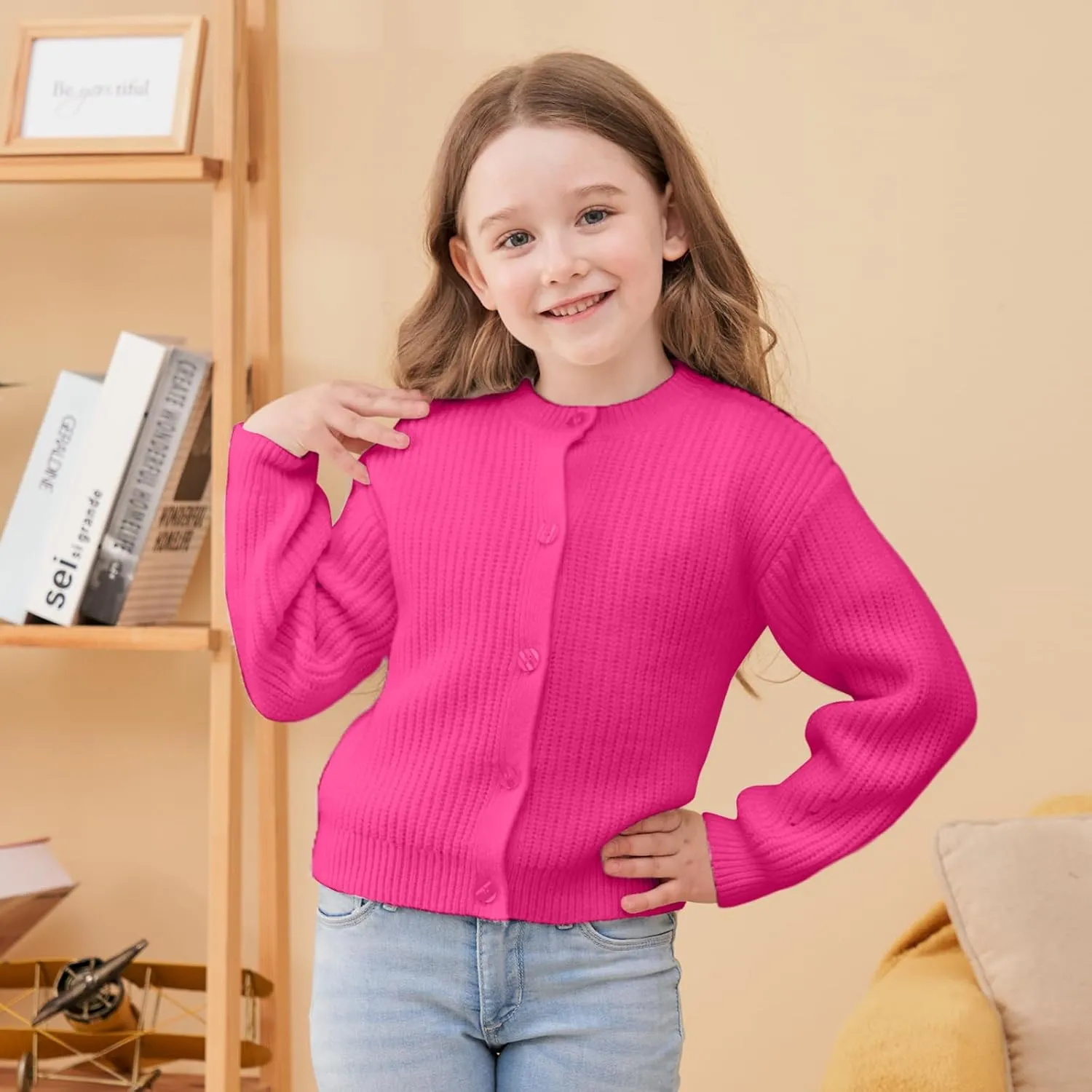 Girls' Cardigan with Button Loose Long Sleeve Shrug Sweaters Cropped Uniforms Kids Knit Sweater Outerwear