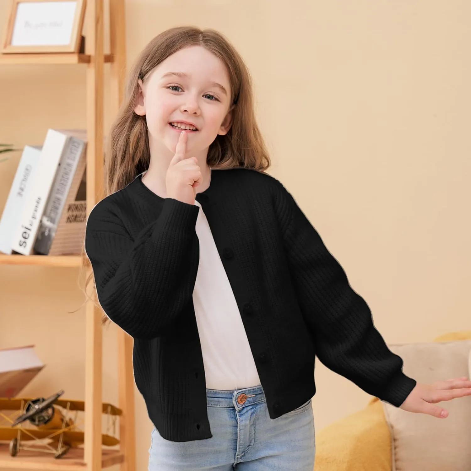 Girls' Cardigan with Button Loose Long Sleeve Shrug Sweaters Cropped Uniforms Kids Knit Sweater Outerwear