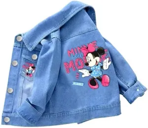 Girls Minnie Mouse Denim Jacket, Light Blue Jean, Button-Up, Long Sleeve
