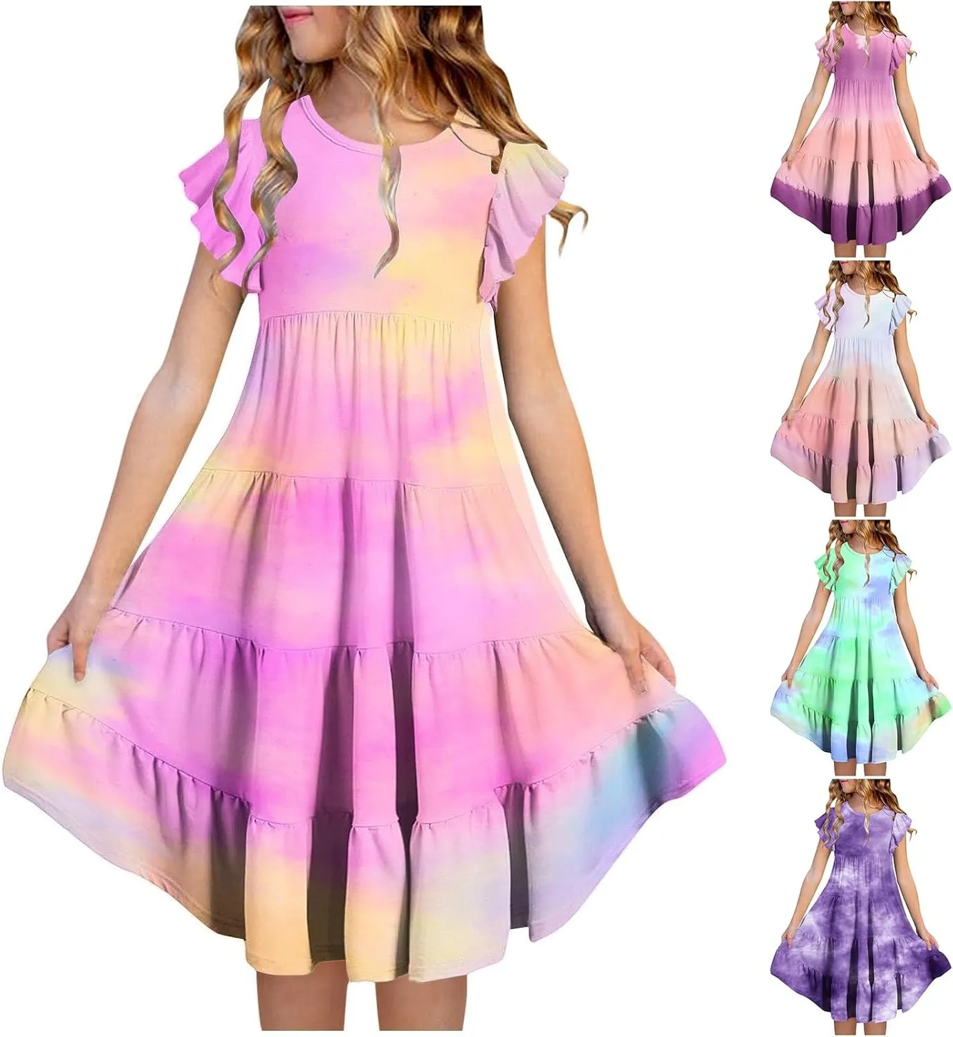 Girls Ruffle Sleeve Dress Tiered Smocked Crewneck Colorful Casual Dresses Kids Boho Knee Length Beach Clothes