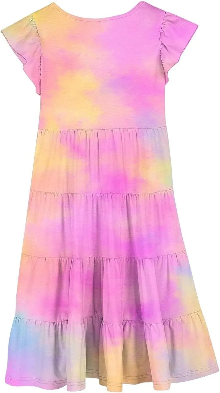 Girls Ruffle Sleeve Dress Tiered Smocked Crewneck Colorful Casual Dresses Kids Boho Knee Length Beach Clothes