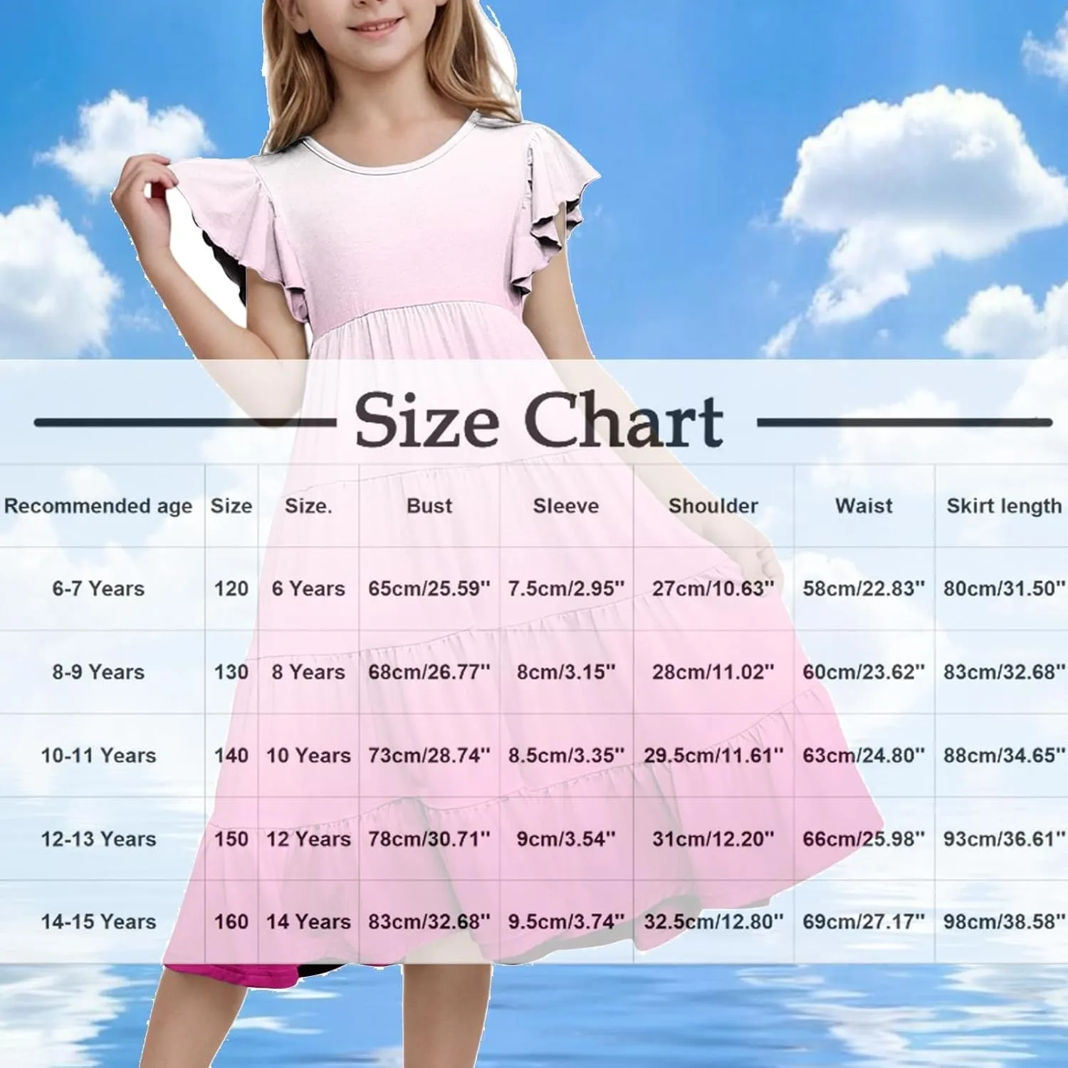 Girls Ruffle Sleeve Dress Tiered Smocked Crewneck Colorful Casual Dresses Kids Boho Knee Length Beach Clothes