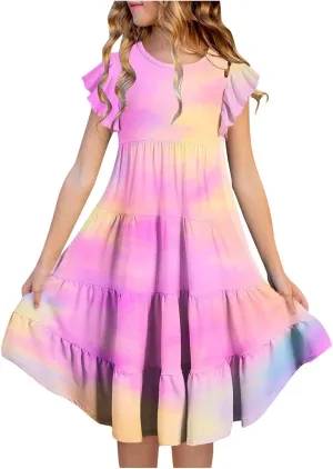 Girls Ruffle Sleeve Dress Tiered Smocked Crewneck Colorful Casual Dresses Kids Boho Knee Length Beach Clothes