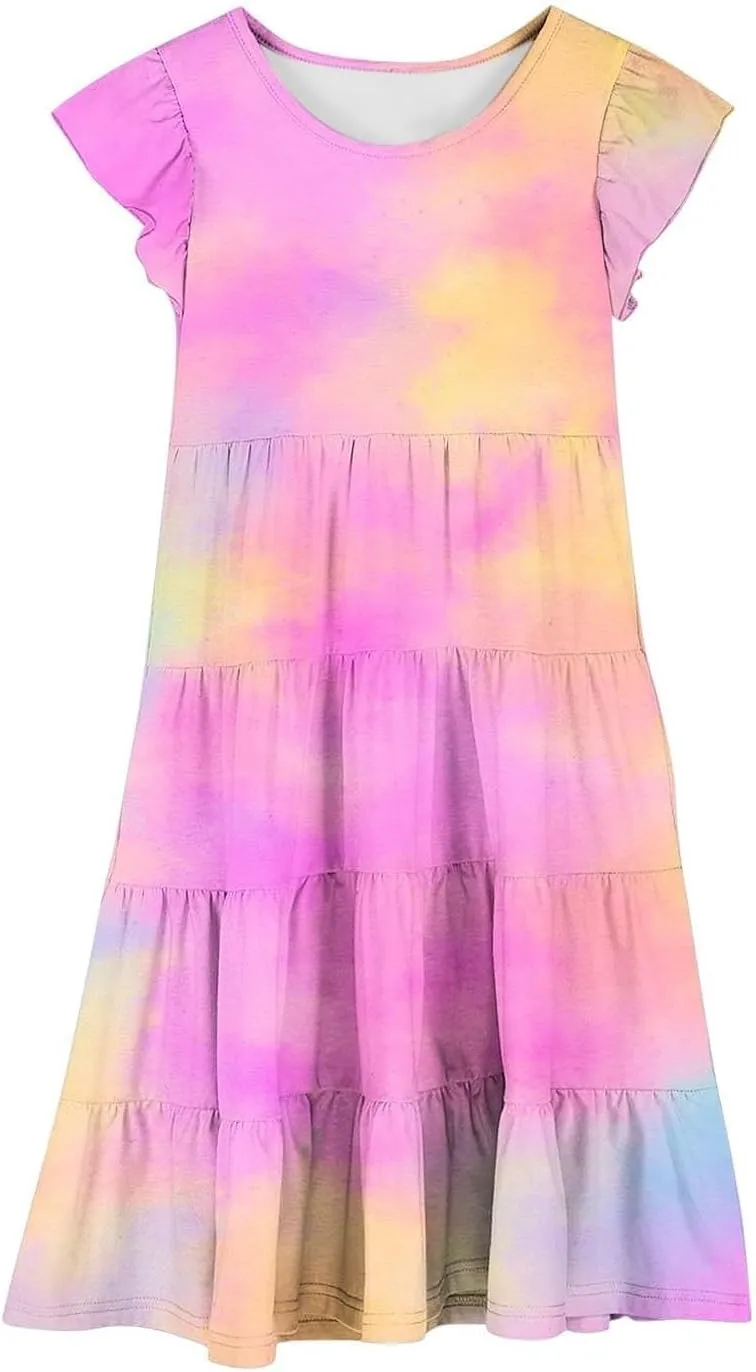 Girls Ruffle Sleeve Dress Tiered Smocked Crewneck Colorful Casual Dresses Kids Boho Knee Length Beach Clothes