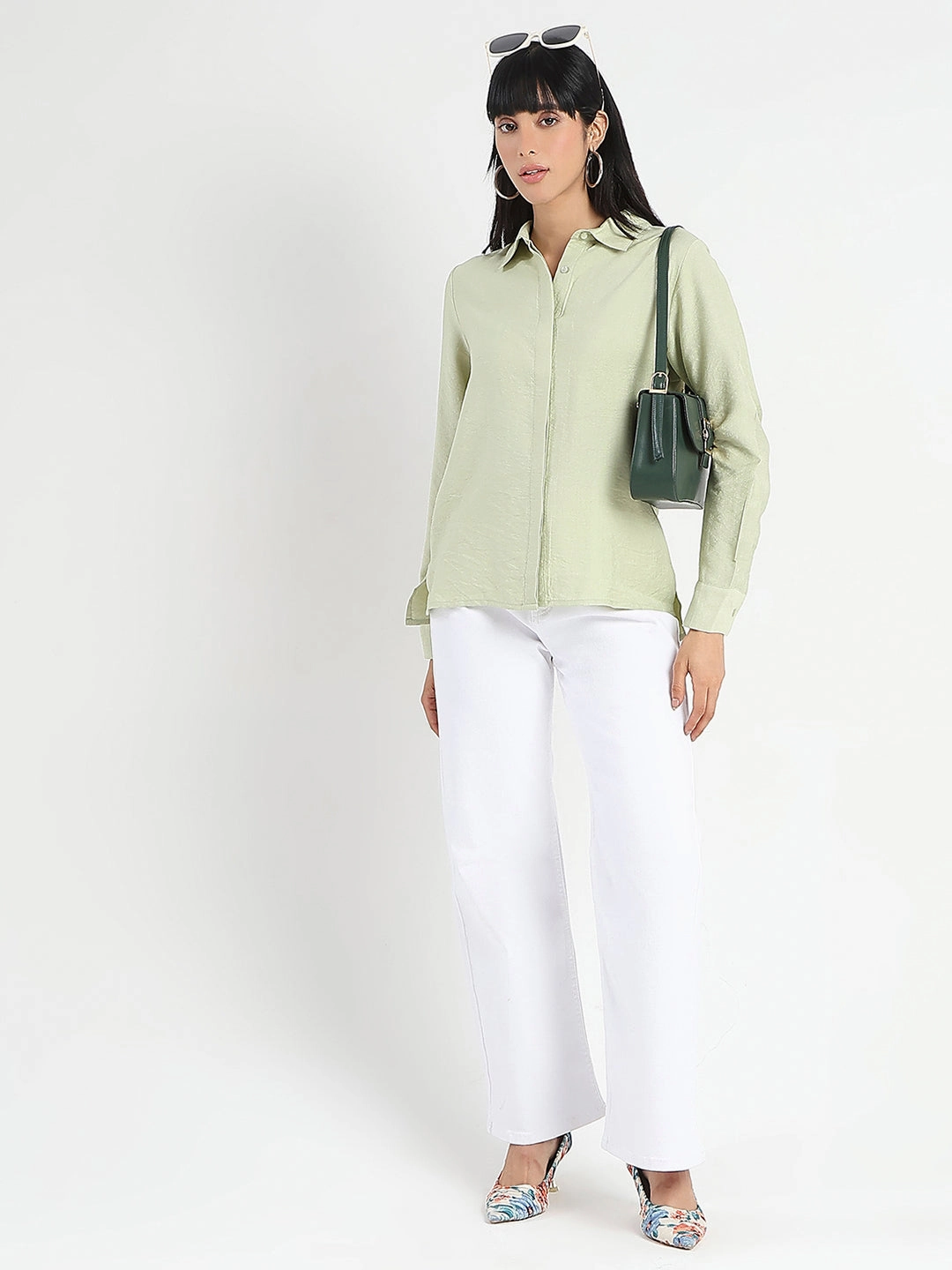 Madame Apple Green Rayon Blend Shirt Low Profile Pocket Design