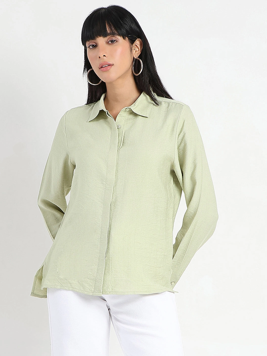 Madame Apple Green Rayon Blend Shirt Formal Elegance Anti Static Fabric