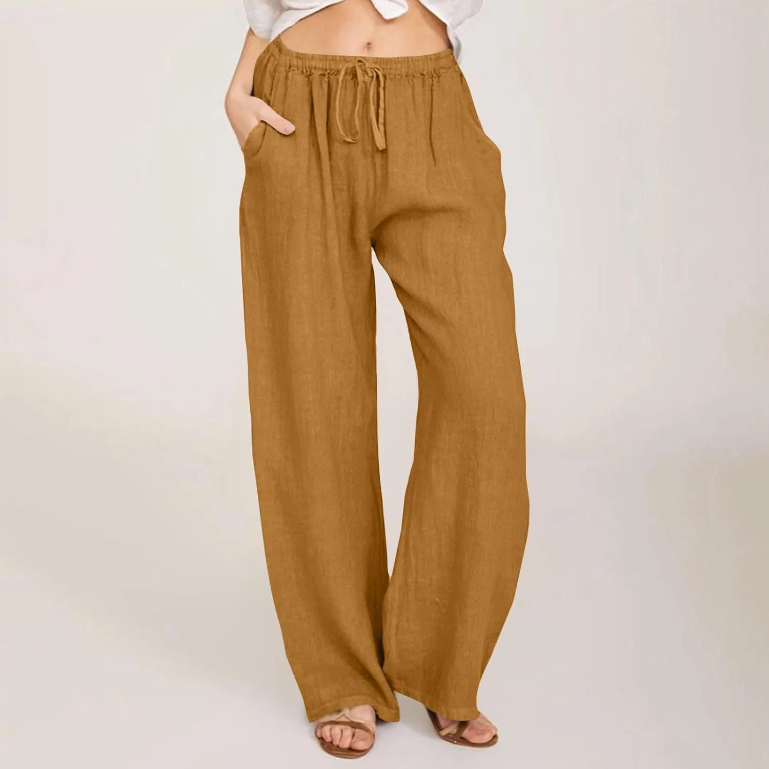 GOFULY Pants for Women Trendy Elastic Waist Drawstring Sumemr Pants Straight Wide Leg High Waisted with Pockets Slacks Clothe