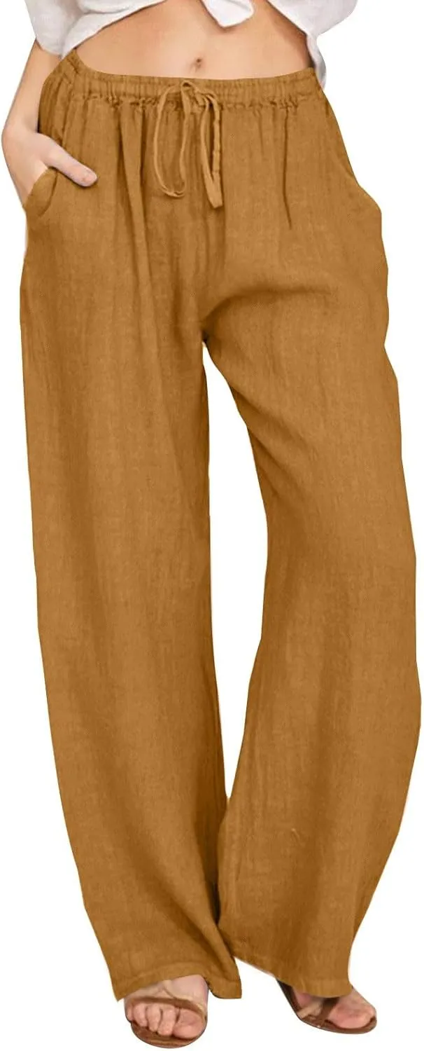 GOFULY Pants for Women Trendy Elastic Waist Drawstring Sumemr Pants Straight Wide Leg High Waisted with Pockets Slacks Clothe
