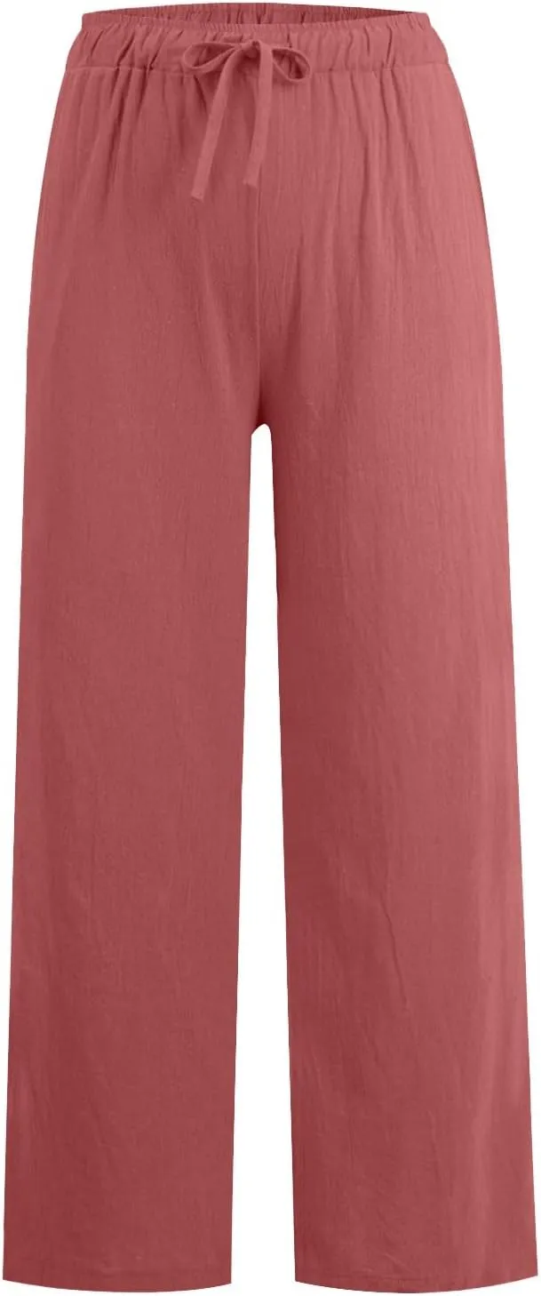 GOFULY Women's Pants Casual Elastic Waist Drawstring Sumemr Pants Straight Wide Leg High Waisted with Pockets Comfy Trousers