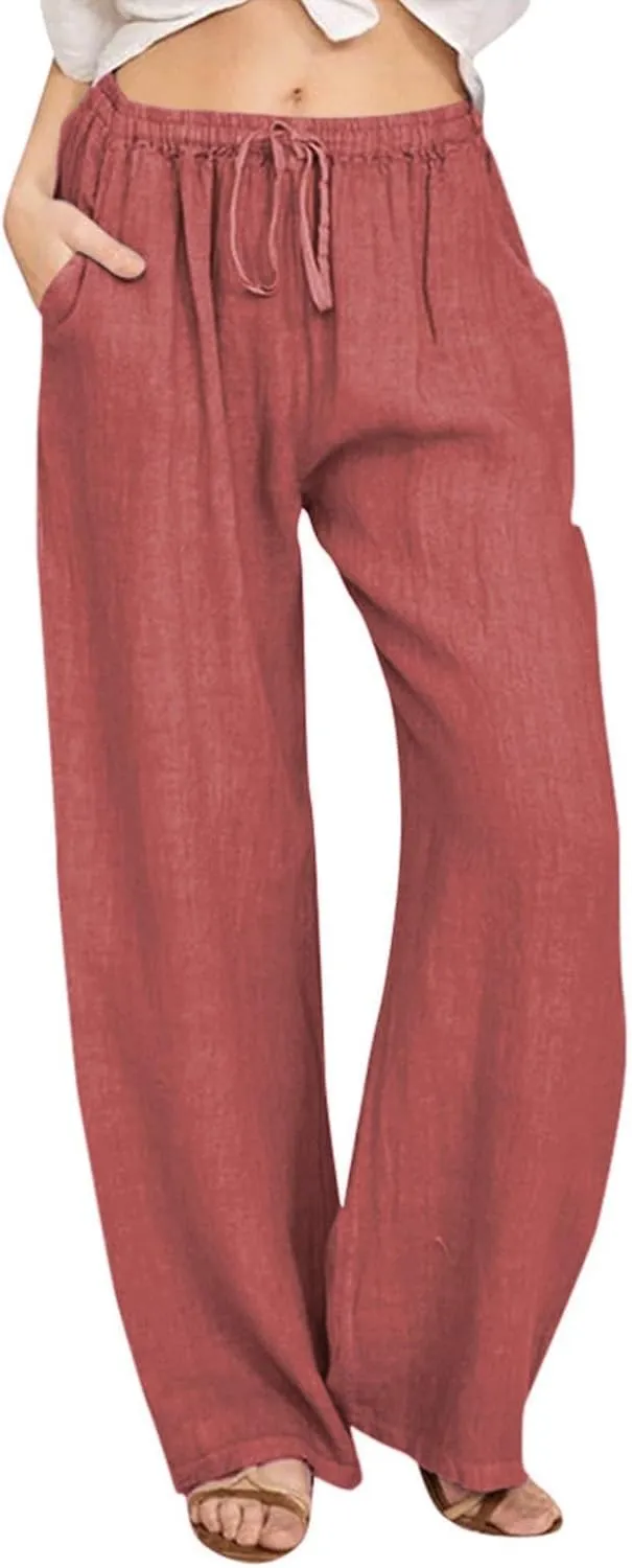 GOFULY Women's Pants Casual Elastic Waist Drawstring Sumemr Pants Straight Wide Leg High Waisted with Pockets Comfy Trousers