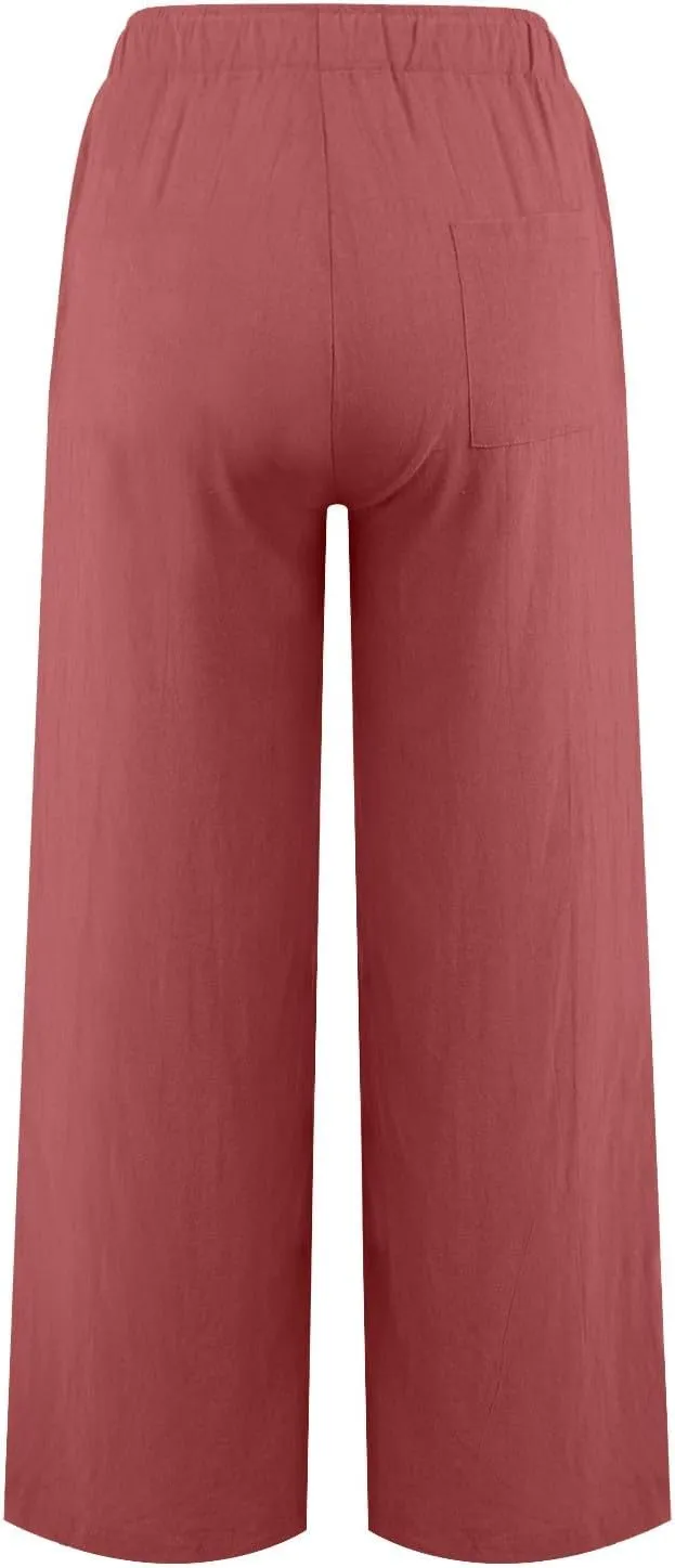GOFULY Women's Pants Casual Elastic Waist Drawstring Sumemr Pants Straight Wide Leg High Waisted with Pockets Comfy Trousers