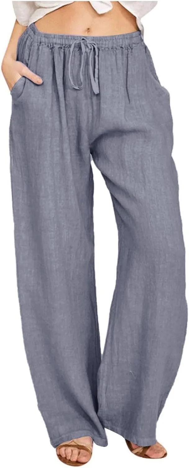 GOFULY Women's Pants Casual Elastic Waist Drawstring Sumemr Pants Straight Wide Leg High Waisted with Pockets Comfy Trousers
