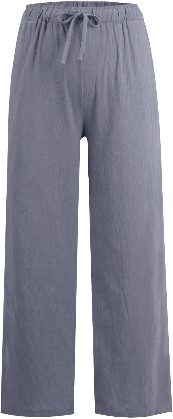 GOFULY Women's Pants Casual Elastic Waist Drawstring Sumemr Pants Straight Wide Leg High Waisted with Pockets Comfy Trousers