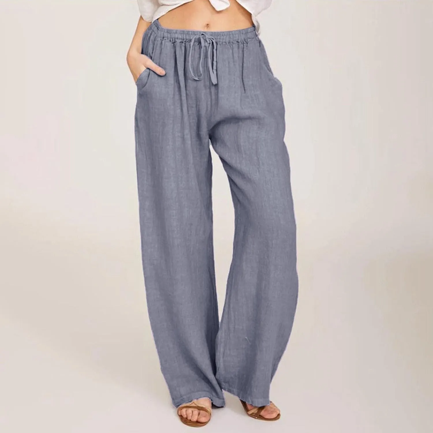 GOFULY Women's Pants Casual Elastic Waist Drawstring Sumemr Pants Straight Wide Leg High Waisted with Pockets Comfy Trousers