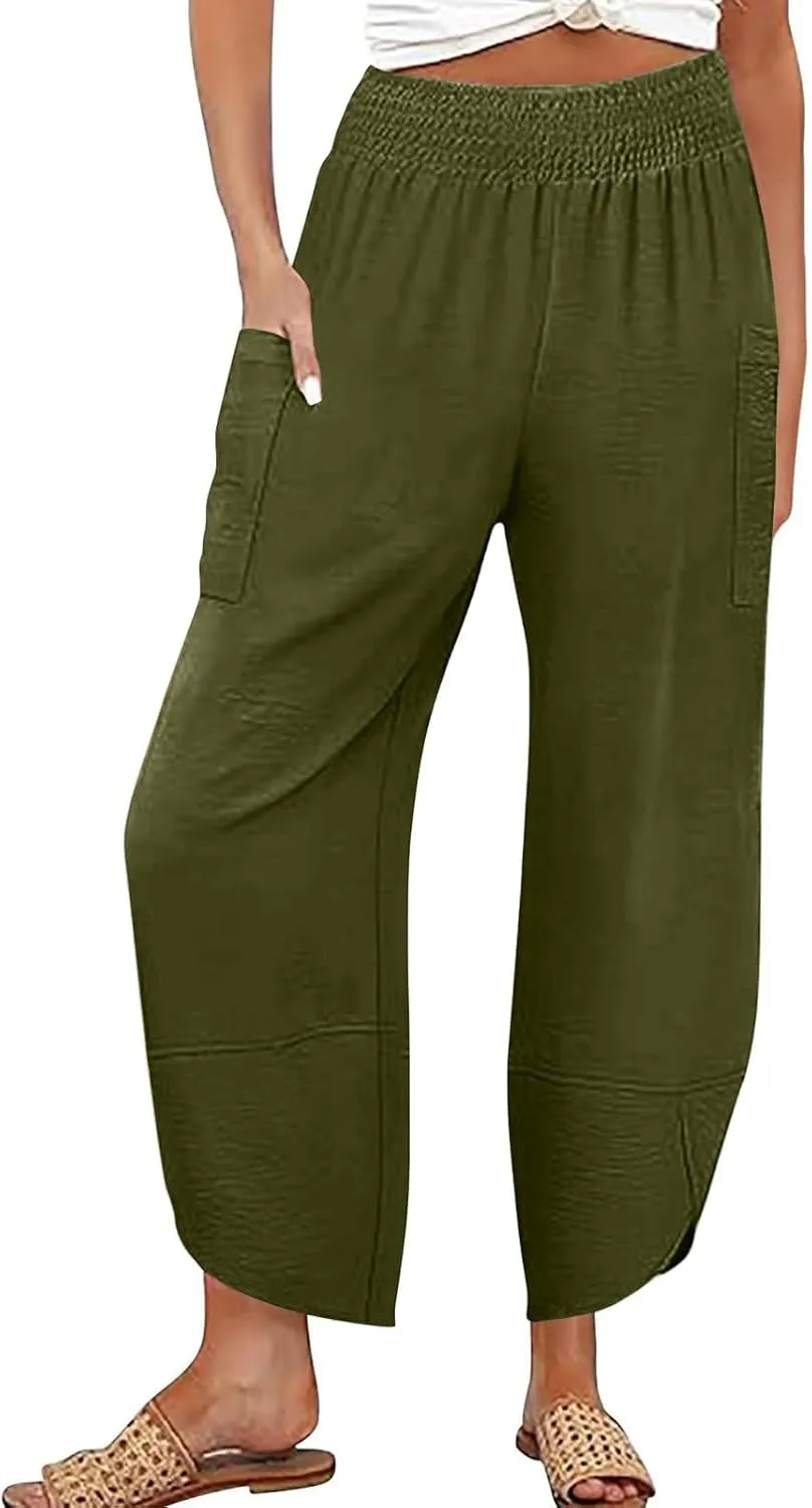 GOFULY Women's Pants Casual Wide Leg High Waisted Pants Beach Elastic Waist Drawstring Sumemr Loose Fit Trousers with Pockets