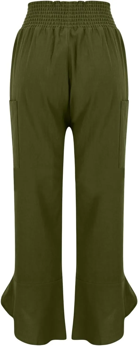 GOFULY Women's Pants Casual Wide Leg High Waisted Pants Beach Elastic Waist Drawstring Sumemr Loose Fit Trousers with Pockets