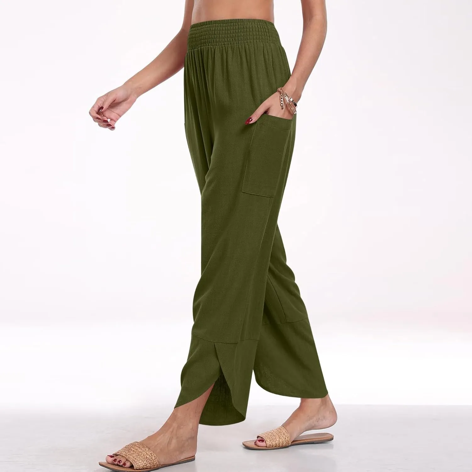 GOFULY Women's Pants Casual Wide Leg High Waisted Pants Beach Elastic Waist Drawstring Sumemr Loose Fit Trousers with Pockets
