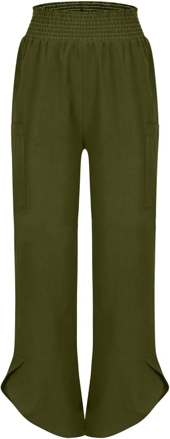GOFULY Women's Pants Casual Wide Leg High Waisted Pants Beach Elastic Waist Drawstring Sumemr Loose Fit Trousers with Pockets