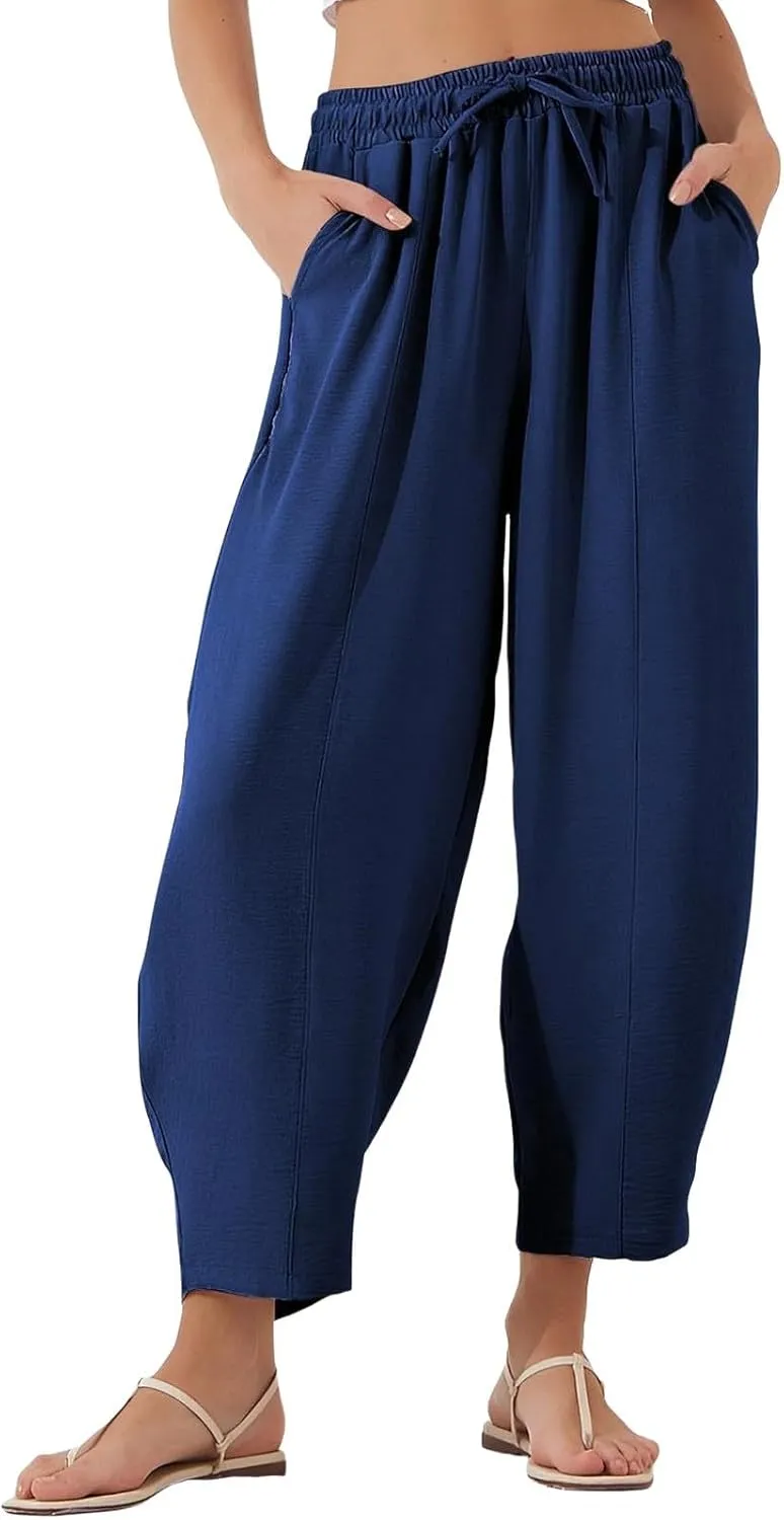GOFULY Women's Pants Casual Wide Leg High Waisted Pants Beach Elastic Waist Drawstring Sumemr Loose Fit Trousers with Pockets