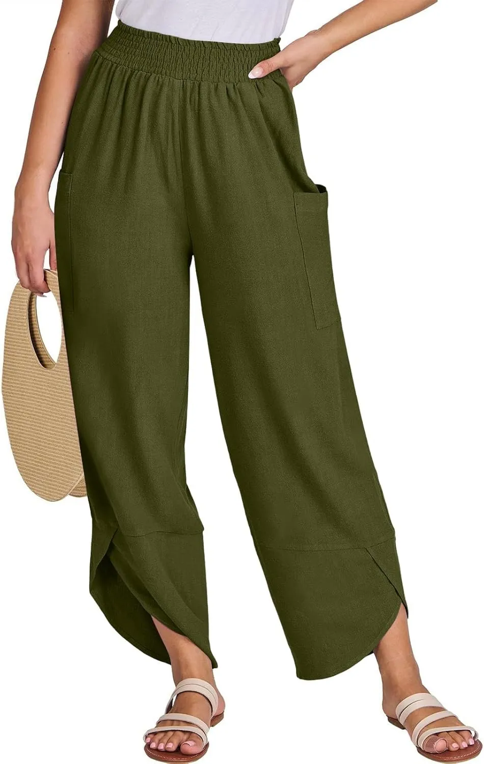 GOFULY Women's Pants Casual Wide Leg High Waisted Pants Beach Elastic Waist Drawstring Sumemr Loose Fit Trousers with Pockets