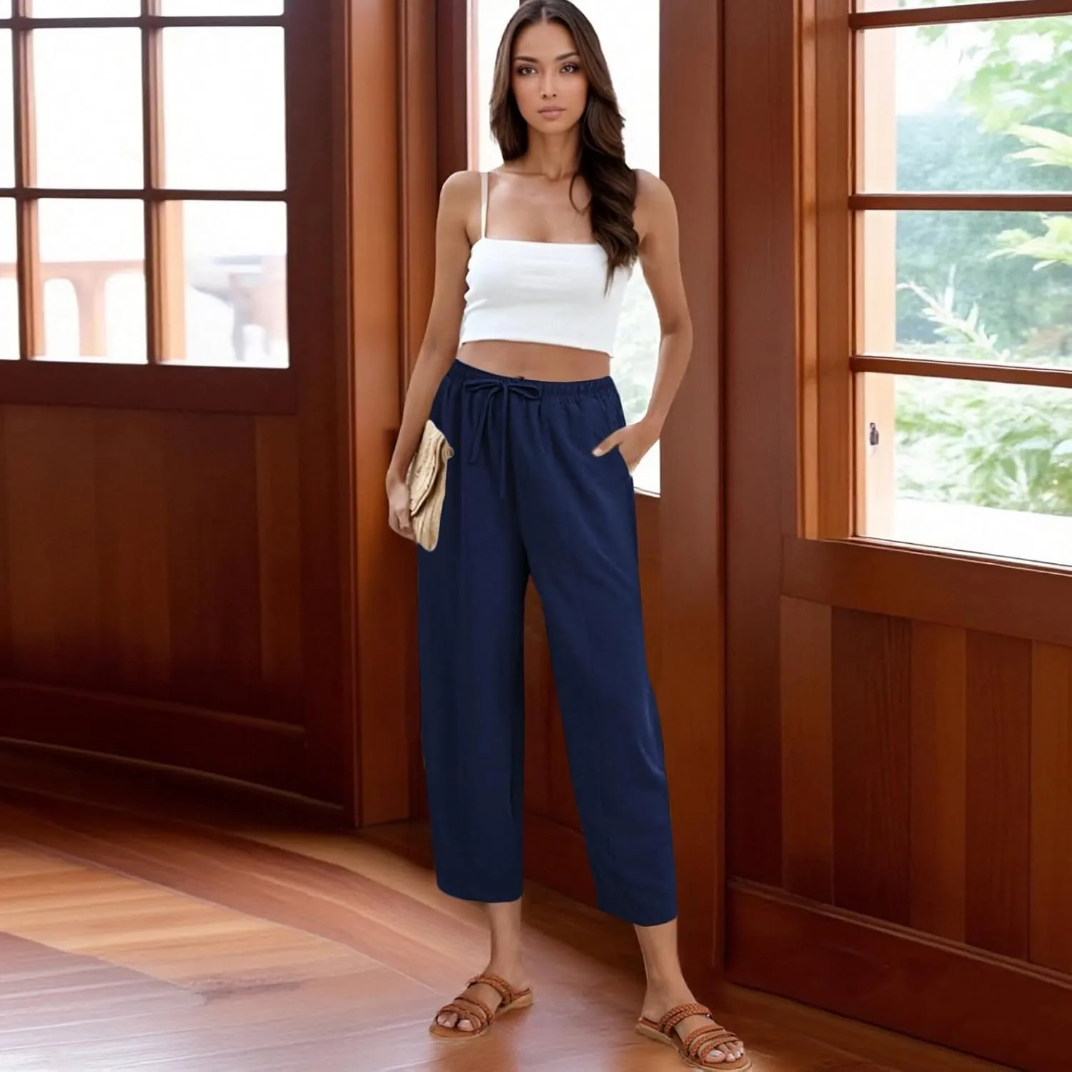 GOFULY Women's Pants Casual Wide Leg High Waisted Pants Beach Elastic Waist Drawstring Sumemr Loose Fit Trousers with Pockets