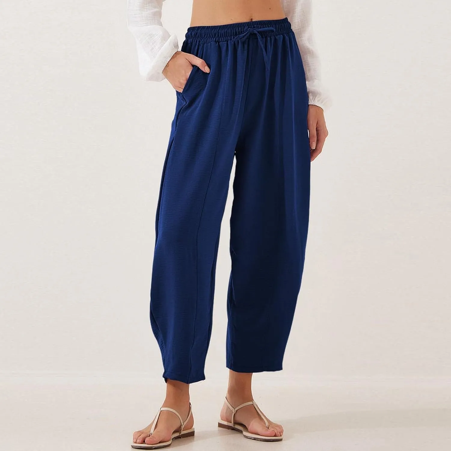 GOFULY Women's Pants Casual Wide Leg High Waisted Pants Beach Elastic Waist Drawstring Sumemr Loose Fit Trousers with Pockets