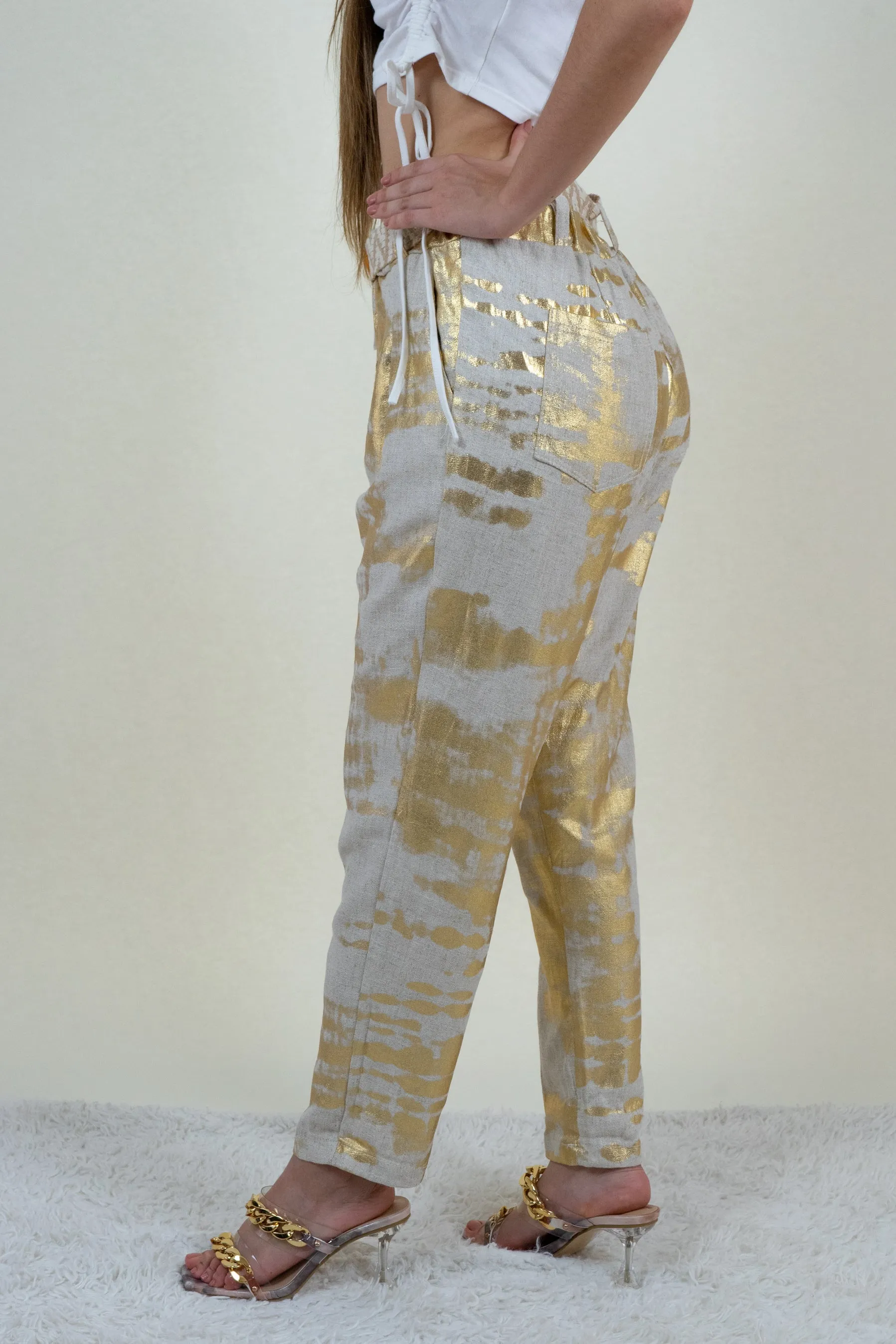 Gold and Beige Linen Jogger Pants